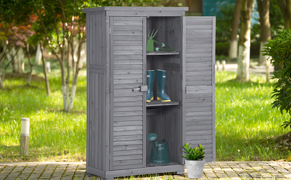 Wooden Garden Shed 3-tier Patio Storage Cabinet Outdoor Organizer Wooden Lockers with Fir Wood (Gray Wood Color -Shutter Design)