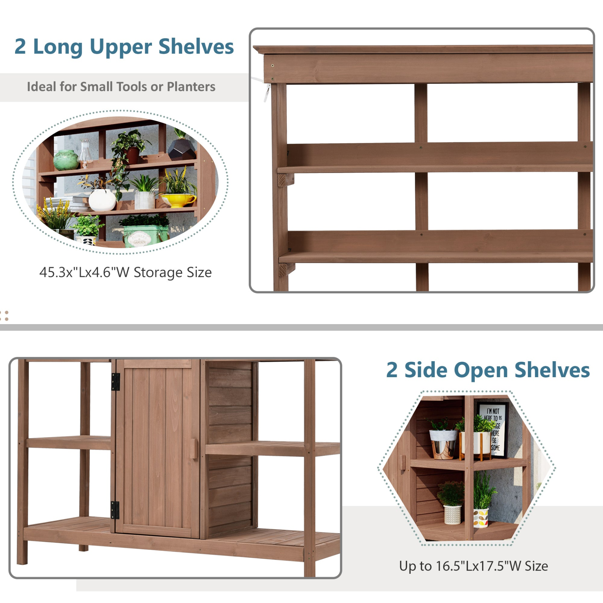 66" Large Outdoor Farmhouse Wooden Potting Bench Table, Garden Workstation with 2 Drawers, Cabinet and Open Shelves for Backyard, Mudroom, Brown