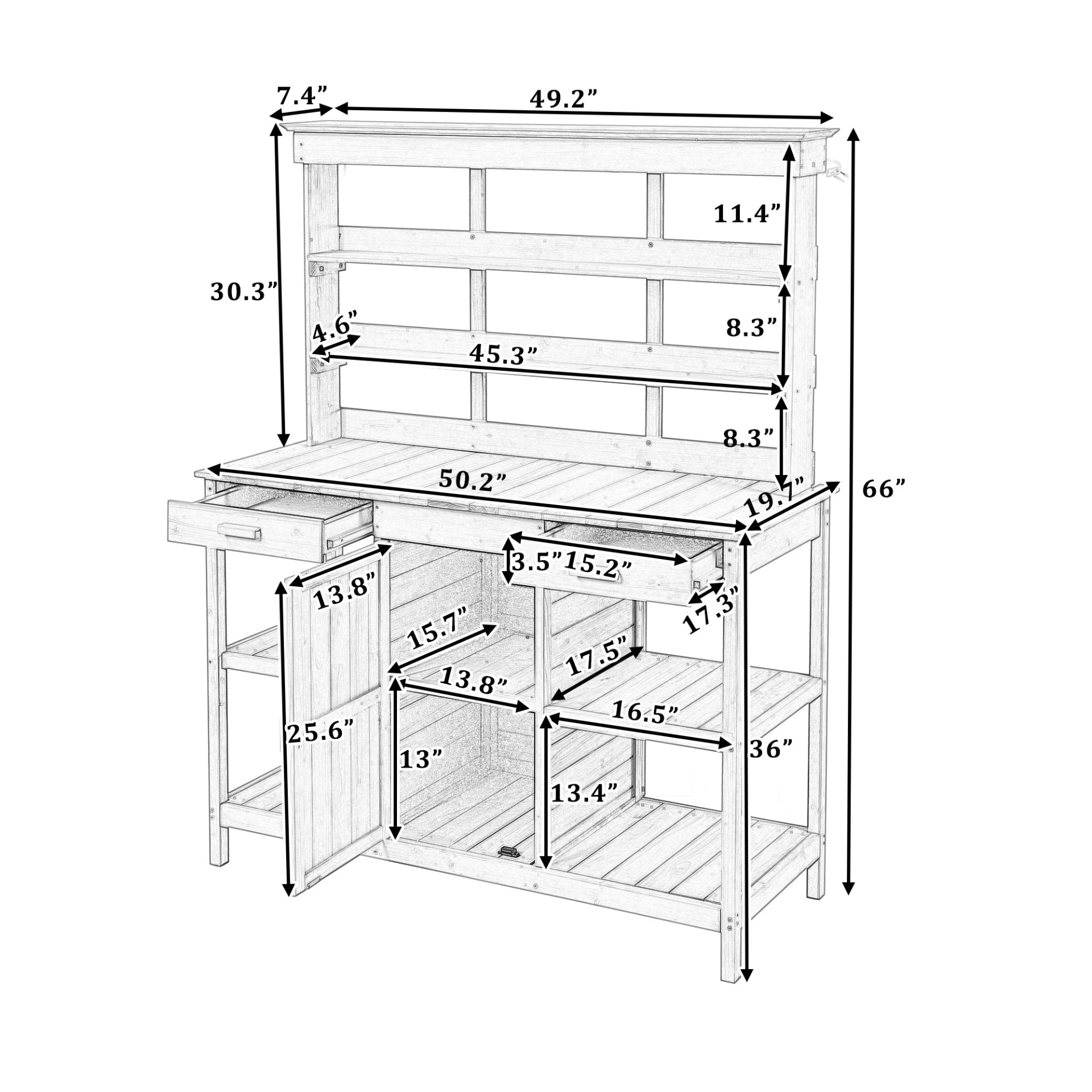 66" Large Outdoor Farmhouse Wooden Potting Bench Table, Garden Workstation with 2 Drawers, Cabinet and Open Shelves for Backyard, Mudroom, Brown