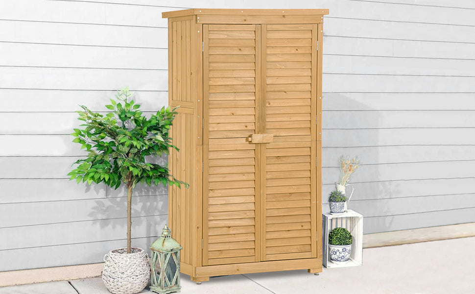 Wooden Garden Shed 3-tier Patio Storage Cabinet Outdoor Organizer Wooden Lockers with Fir Wood (Natural Wood Color -Shutter Design)