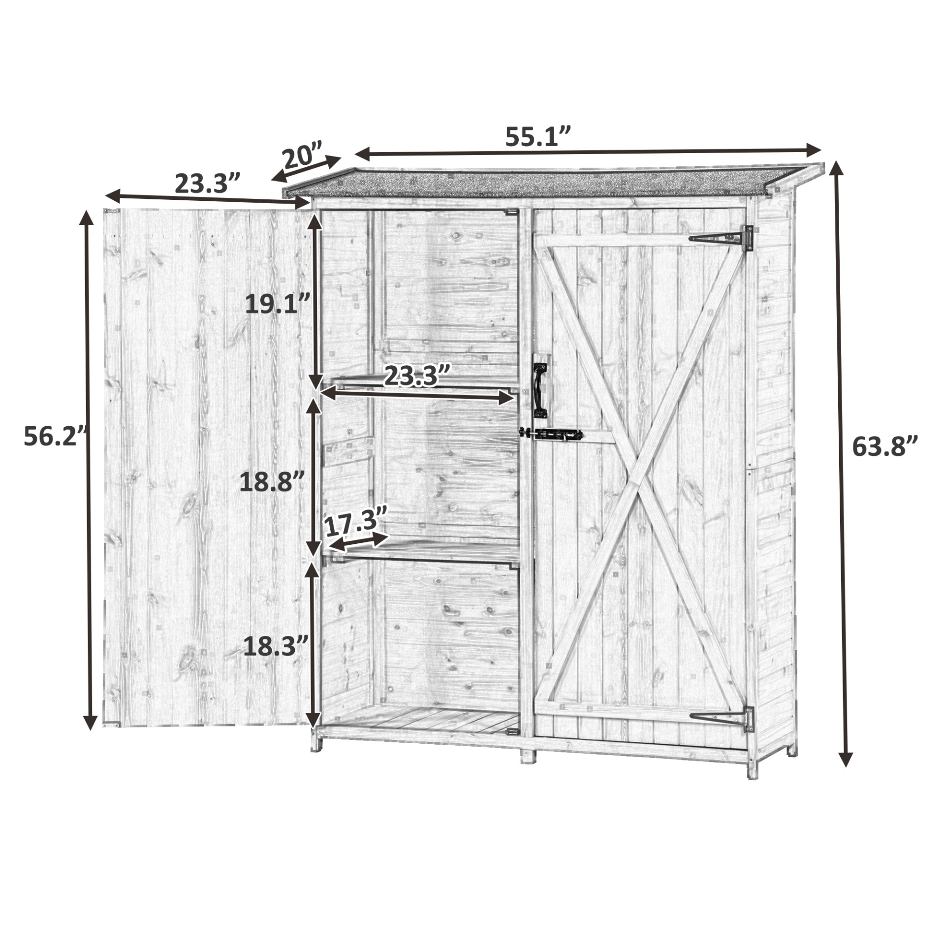 Outdoor 5.3ft Hx4.6ft L Wood Storage Shed Tool Organizer,Garden Shed, Storage Cabinet with Waterproof Asphalt Roof, Double Lockable Doors, 3-tier Shelves for Backyard, Natural