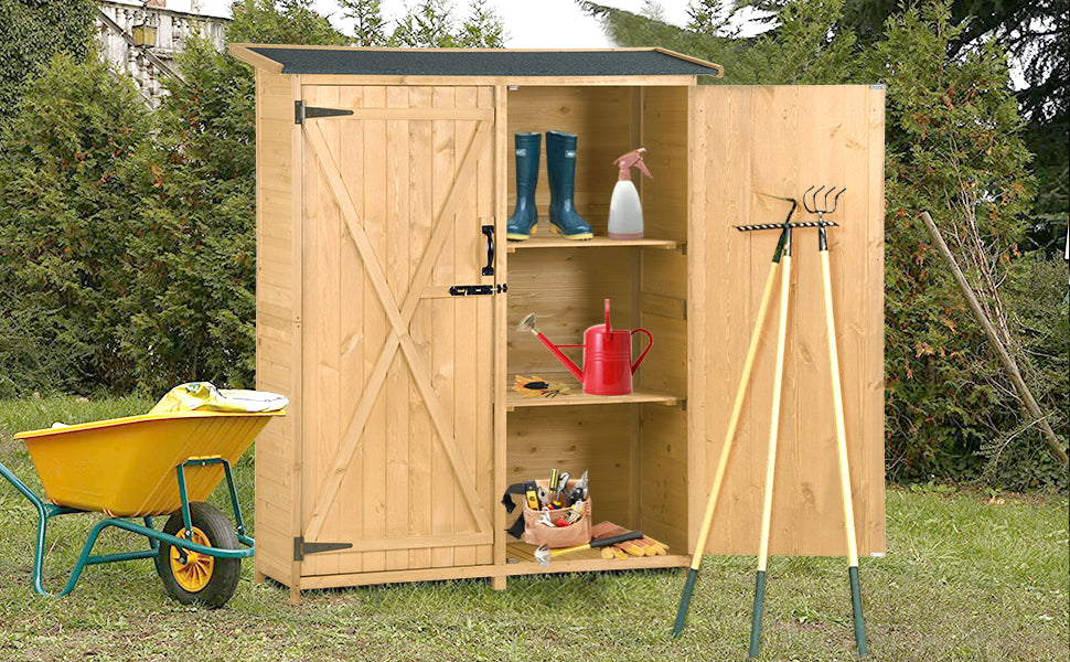 Outdoor 5.3ft Hx4.6ft L Wood Storage Shed Tool Organizer,Garden Shed, Storage Cabinet with Waterproof Asphalt Roof, Double Lockable Doors, 3-tier Shelves for Backyard, Natural