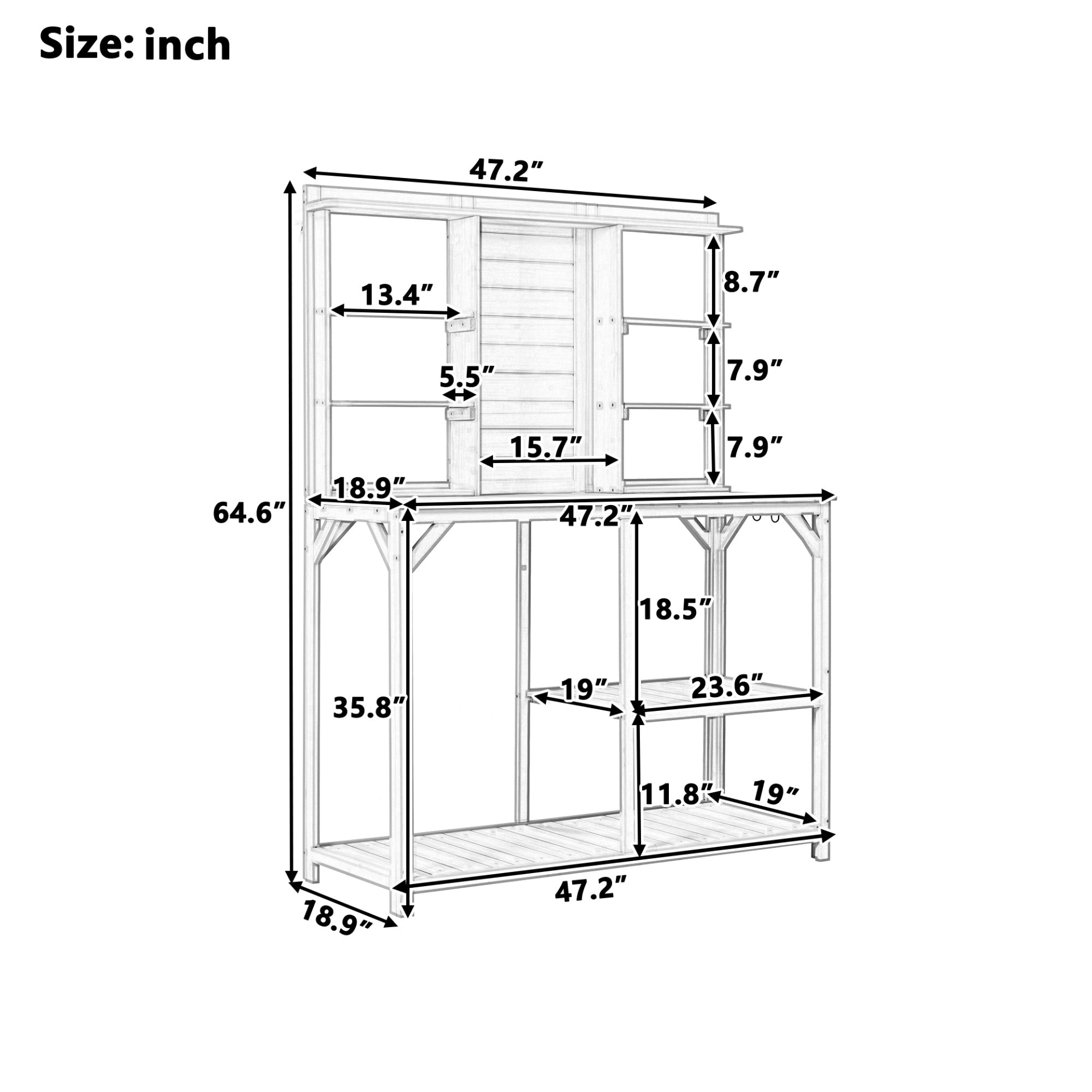 64.6" Large Outdoor Potting Bench, Garden Potting Table, Wood Workstation with 6-Tier Shelves, Large Tabletop and Side Hook for Mudroom, Backyard,White