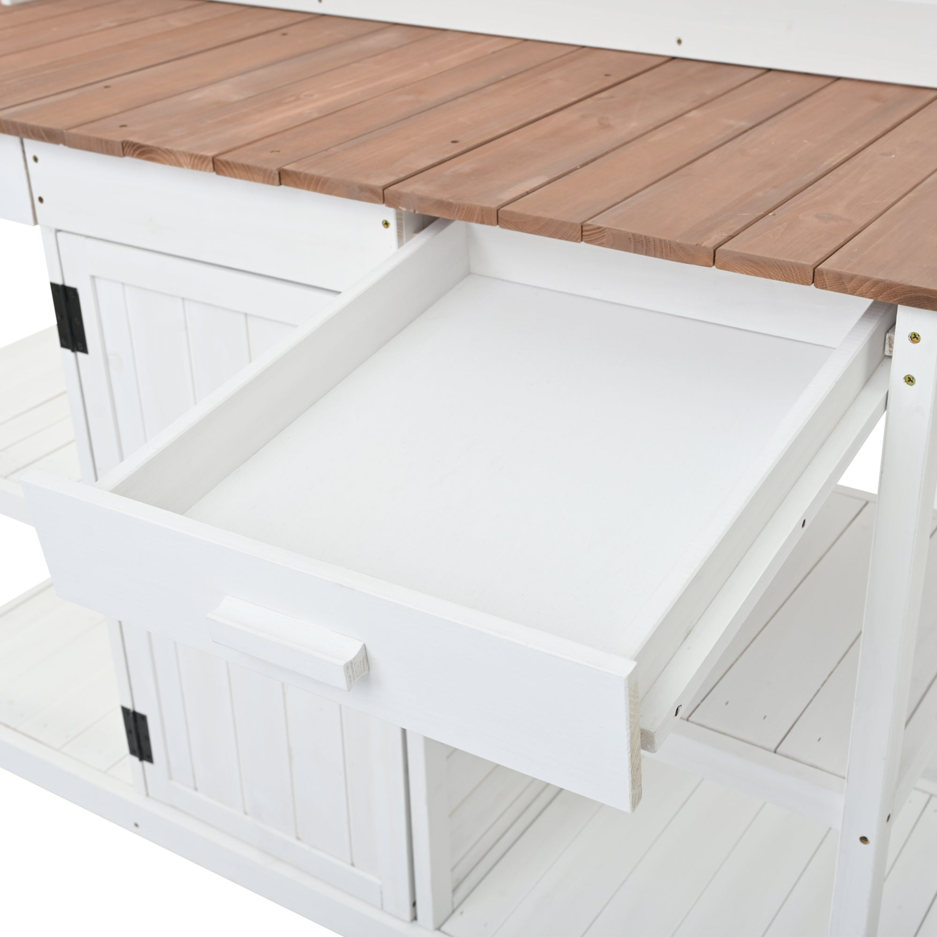 66" Large Outdoor Farmhouse Wooden Potting Bench Table, Garden Workstation with 2 Drawers, Cabinet and Open Shelves for Backyard, Mudroom, White