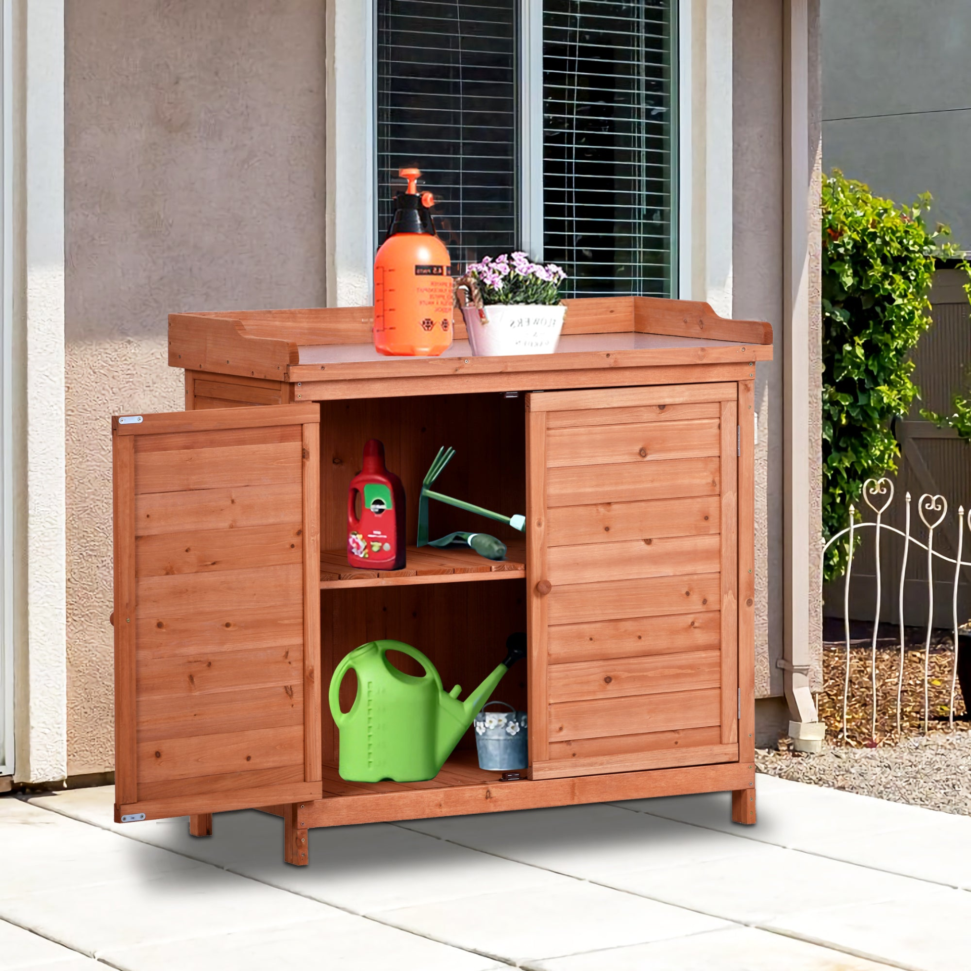 Outdoor 39" Potting Bench Table, Rustic Garden Wood Workstation Storage Cabinet Garden Shed with 2-Tier Shelves and Side Hook, Orange