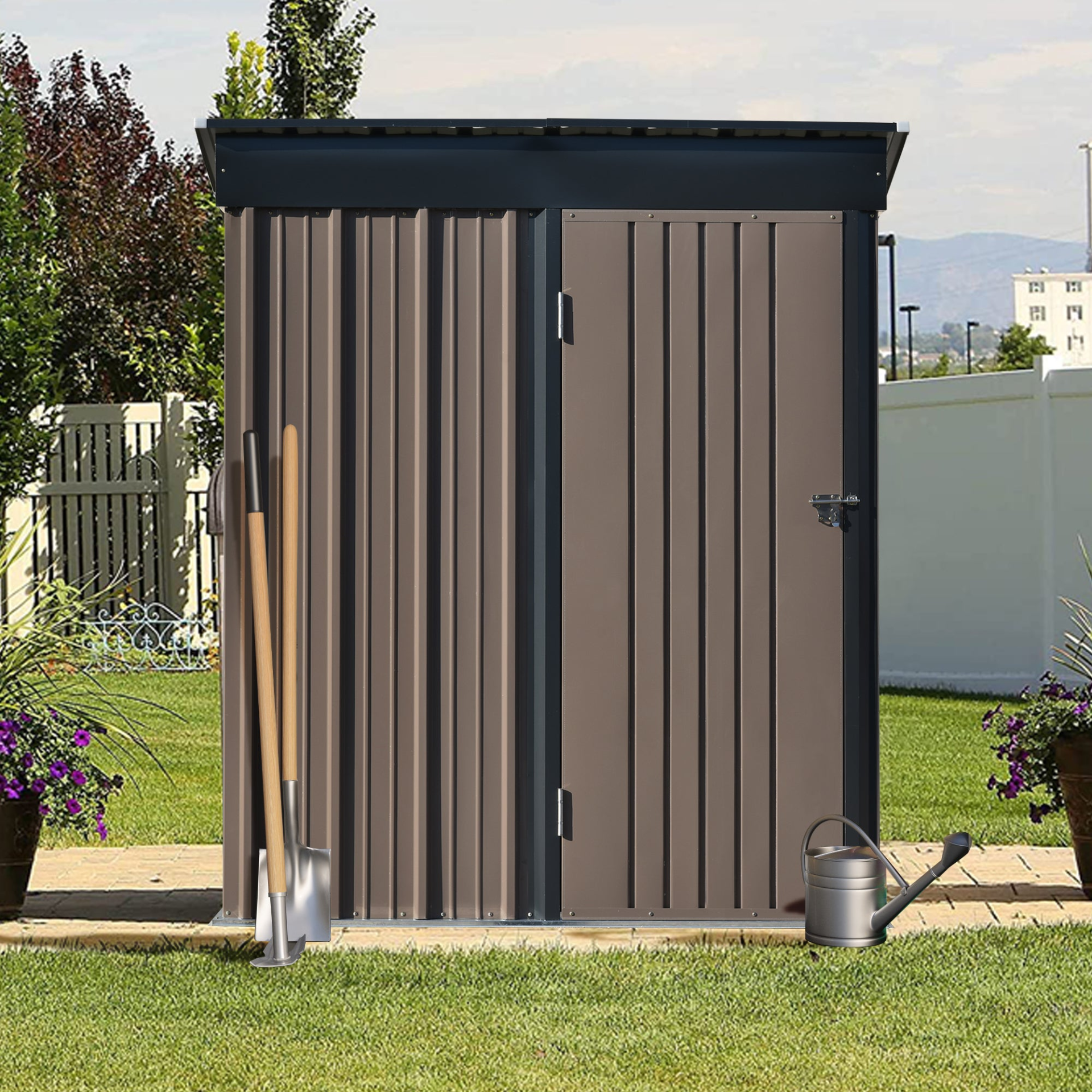 Patio 5ft Wx3ft. L Garden Shed, Metal Lean-to Storage Shed with Adjustable Shelf and Lockable Door, Tool Cabinet for Backyard, Lawn, Garden, Brown