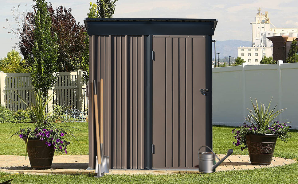 Patio 5ft Wx3ft. L Garden Shed, Metal Lean-to Storage Shed with Adjustable Shelf and Lockable Door, Tool Cabinet for Backyard, Lawn, Garden, Brown