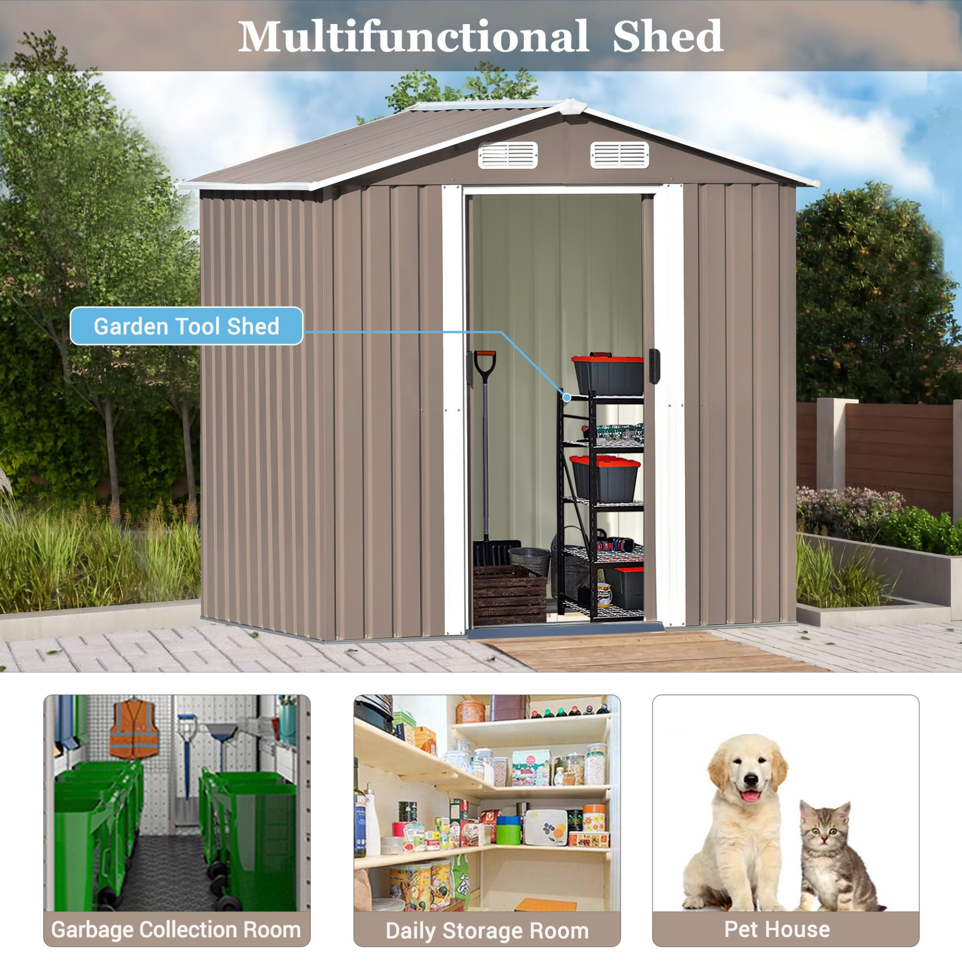 Patio 6ft x4ft Bike Shed Garden Shed, Metal Storage Shed with Lockable Door, Tool Cabinet with Vents and Foundation for Backyard, Lawn, Garden, Brown