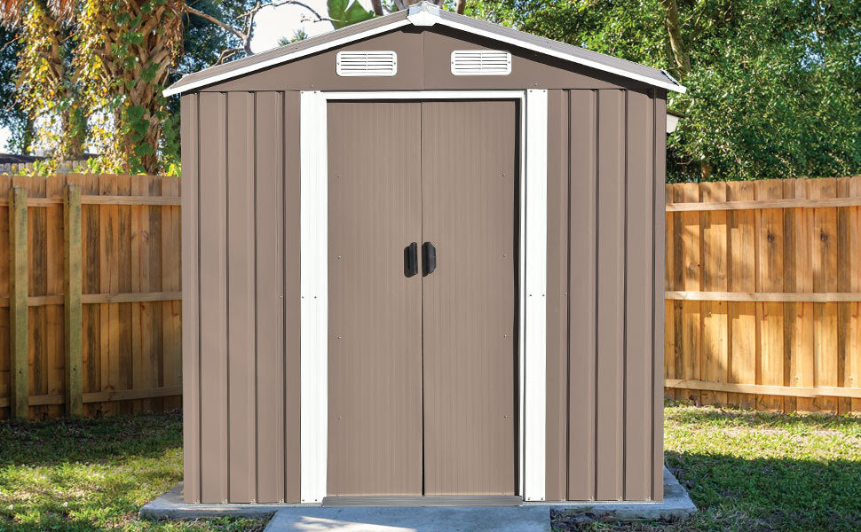 Patio 6ft x4ft Bike Shed Garden Shed, Metal Storage Shed with Lockable Door, Tool Cabinet with Vents and Foundation for Backyard, Lawn, Garden, Brown