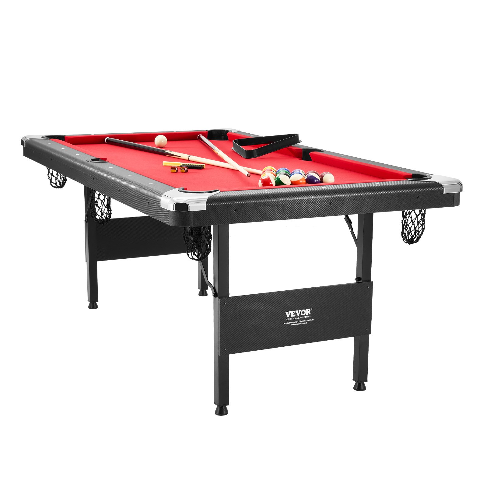 VEVOR Billiards Table, 6.3 ft Pool Table, Portable Foldable Space-Saving Table, Billiard Table Set Includes Balls, Cues, Chalks and Brush, Black with Red Cloth, Perfect for Family Game Room Kid Adult