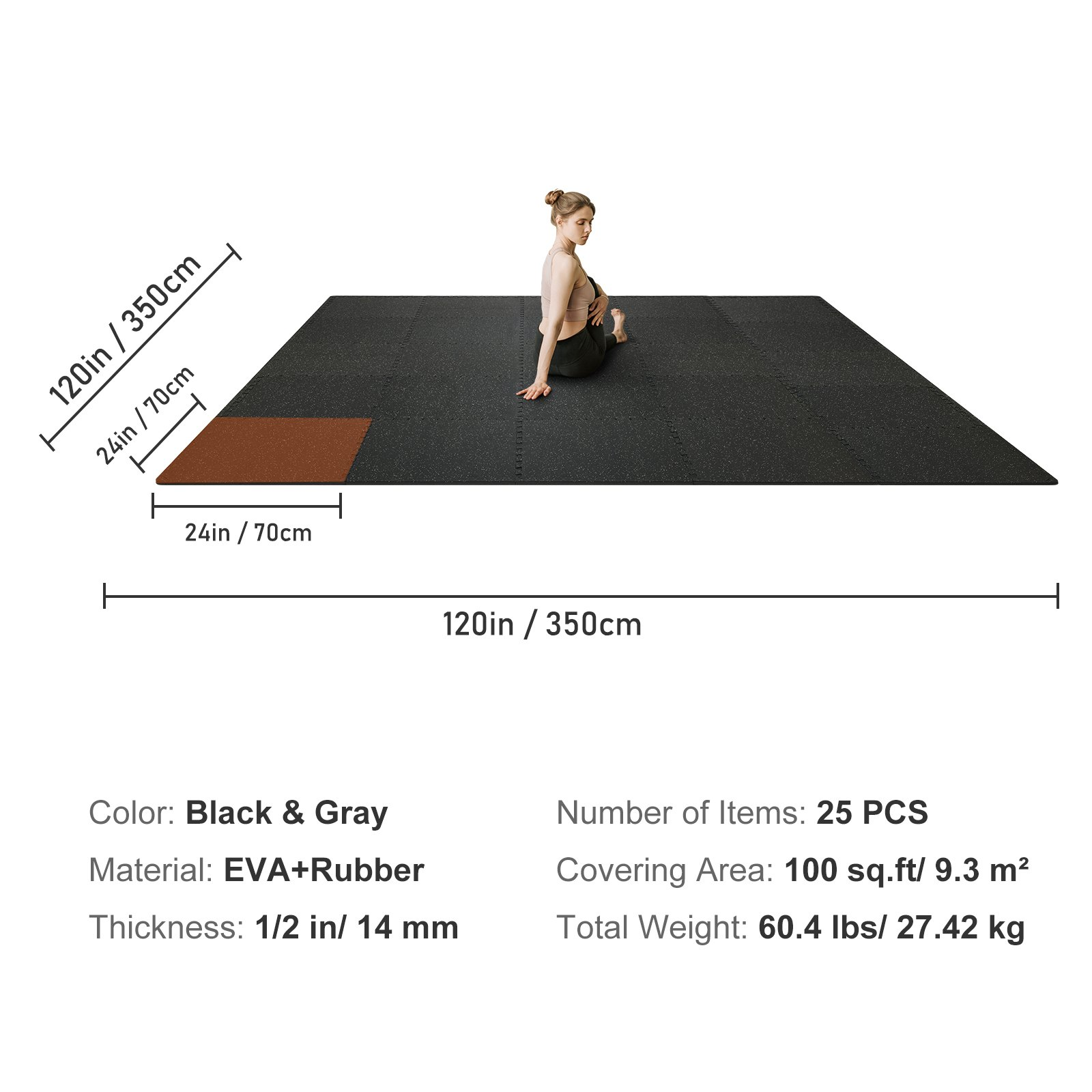 VEVOR 25 PCS 1/2 inch Thick Gym Floor Mats, 24" x 24" EVA Foam & Rubber Top Interlocking Workout Floor Mats with 100 sq.ft Coverage, Waterproof Exercise Puzzle Flooring for Gym, Home, Garage, Basement