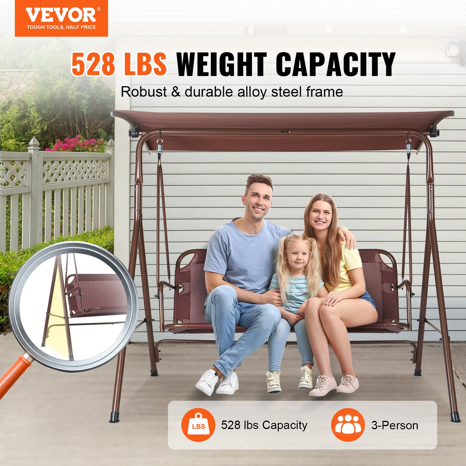 VEVOR 3-Person Patio Swing Chair, Outdoor Patio Swing with Adjustable Canopy, Porch Swing with Armrests, Teslin Fabric and Alloy Steel Frame, for Balcony, Backyard, Patio, Garden, Poolside, Brown