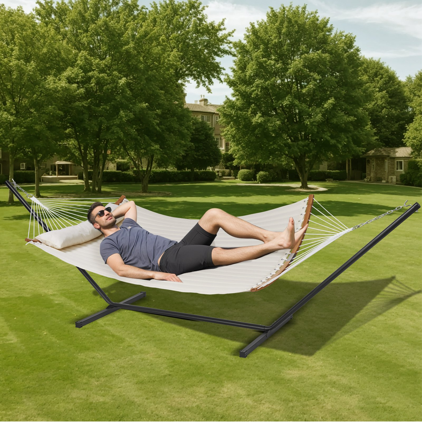 VEVOR Double Quilted Fabric Hammock Two Person Hammock with Stand 480lb Capacity