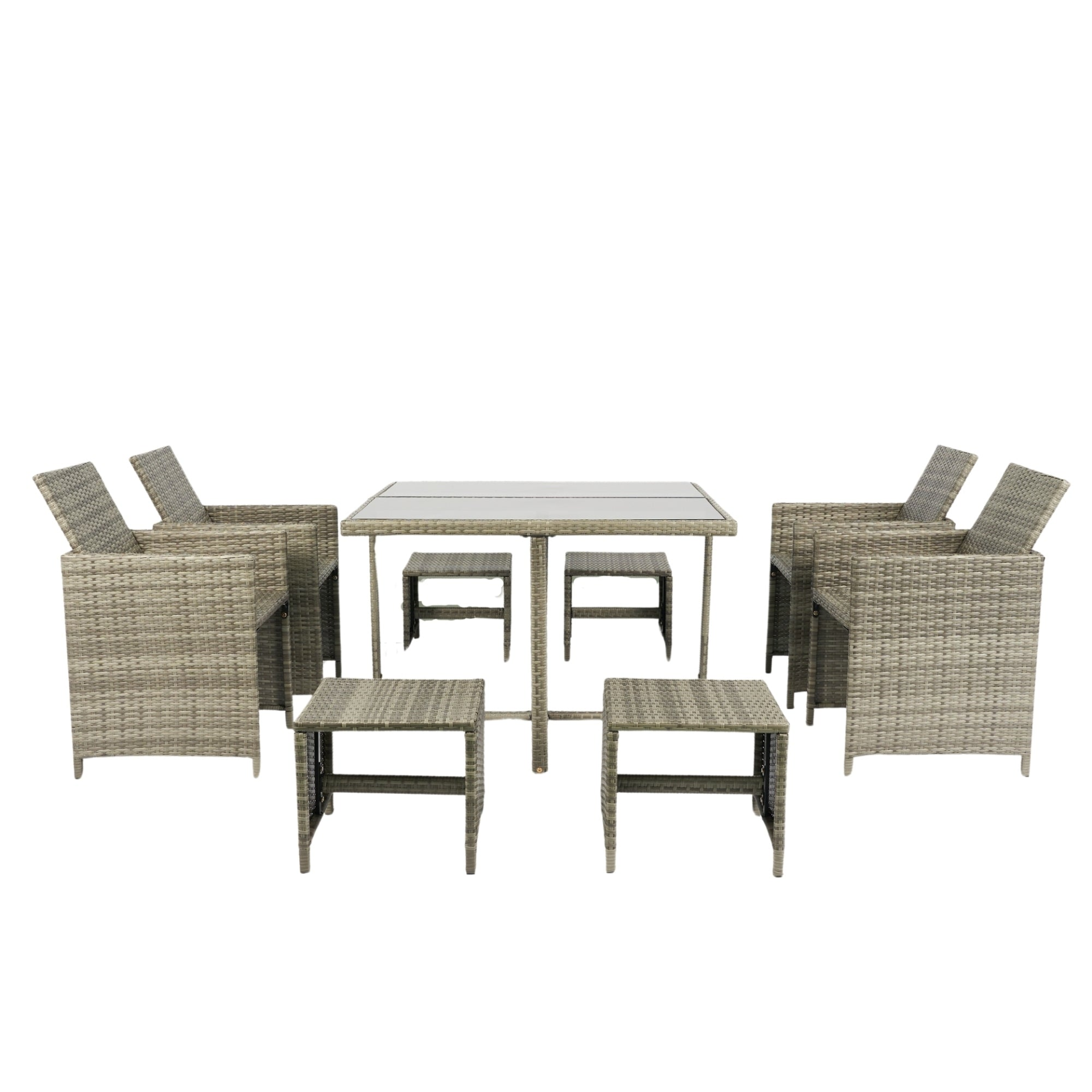 9 Pieces Patio Dining Sets Outdoor Space Saving Rattan Chairs with Glass Table Patio Furniture Sets Cushioned Seating and Back Sectional Conversation Set Grey Wicker + Grey Cushion