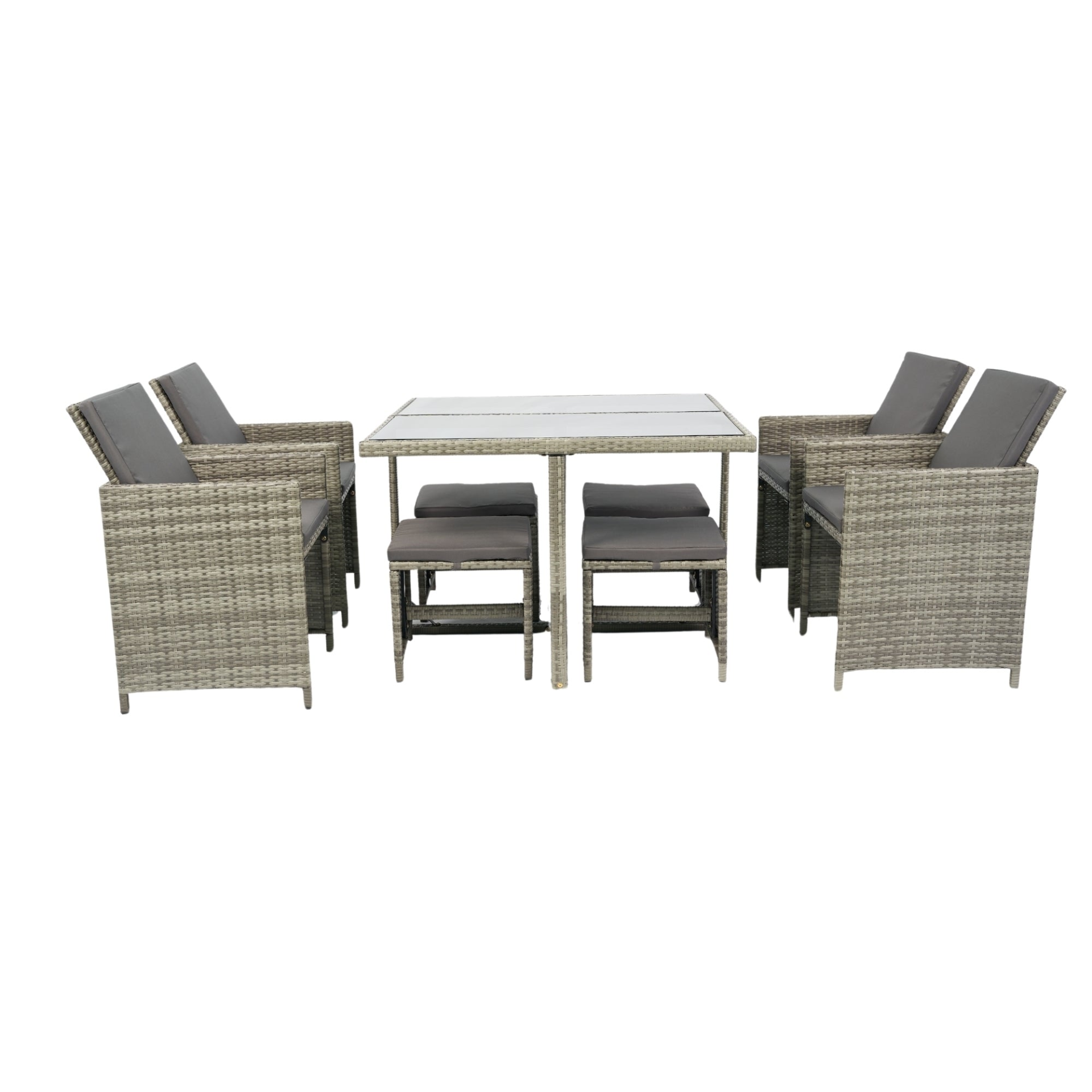 9 Pieces Patio Dining Sets Outdoor Space Saving Rattan Chairs with Glass Table Patio Furniture Sets Cushioned Seating and Back Sectional Conversation Set Grey Wicker + Grey Cushion