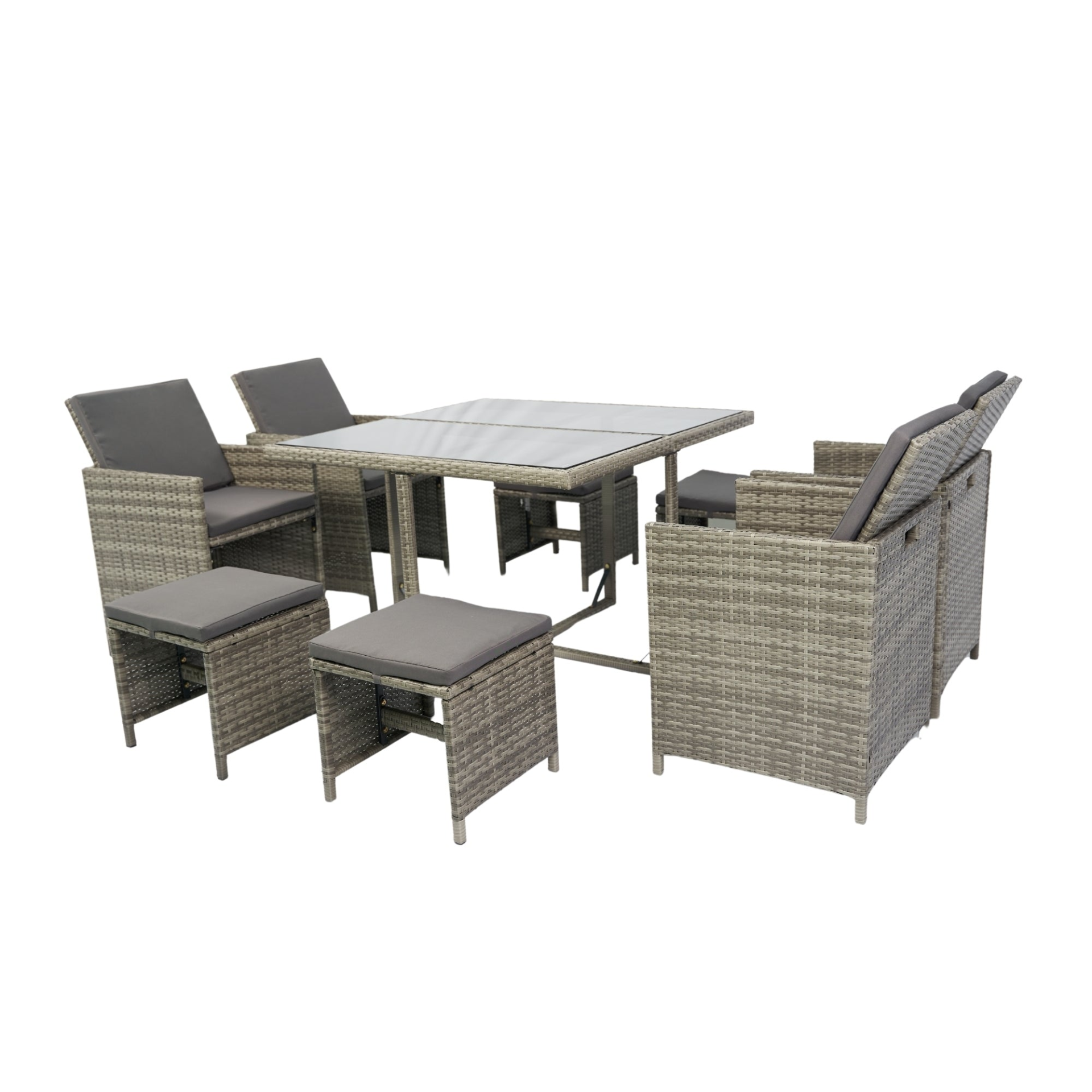 9 Pieces Patio Dining Sets Outdoor Space Saving Rattan Chairs with Glass Table Patio Furniture Sets Cushioned Seating and Back Sectional Conversation Set Grey Wicker + Grey Cushion