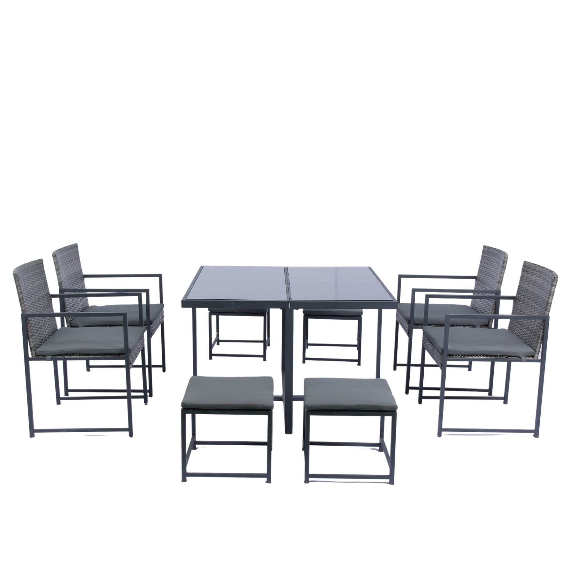 9 Pieces Patio Dining Sets Outdoor Space Saving Rattan Chairs with Glass Table Top Grey Wicker + Dark Grey Cushion