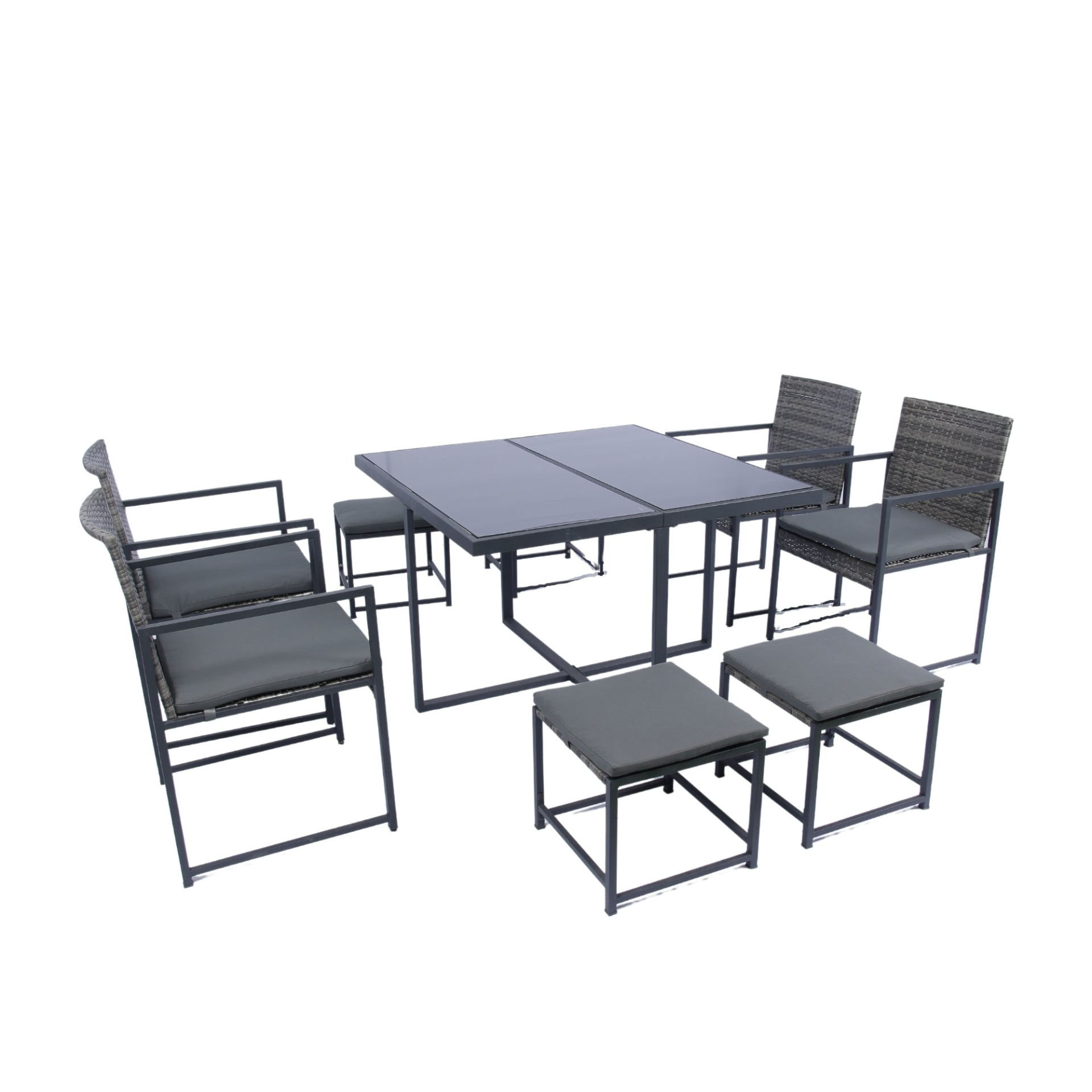 9 Pieces Patio Dining Sets Outdoor Space Saving Rattan Chairs with Glass Table Top Grey Wicker + Dark Grey Cushion