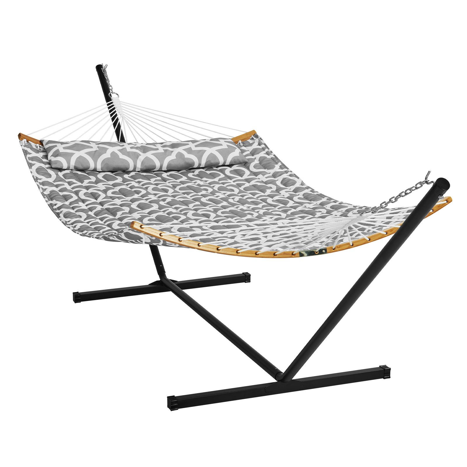 VEVOR Two Person Hammock with Stand Included, Double Hammock with Curved Spreader Bar and Detachable Pillow and Portable Carrying Bag, Perfect for Outdoor Freestanding Hammock, 480lb Capacity