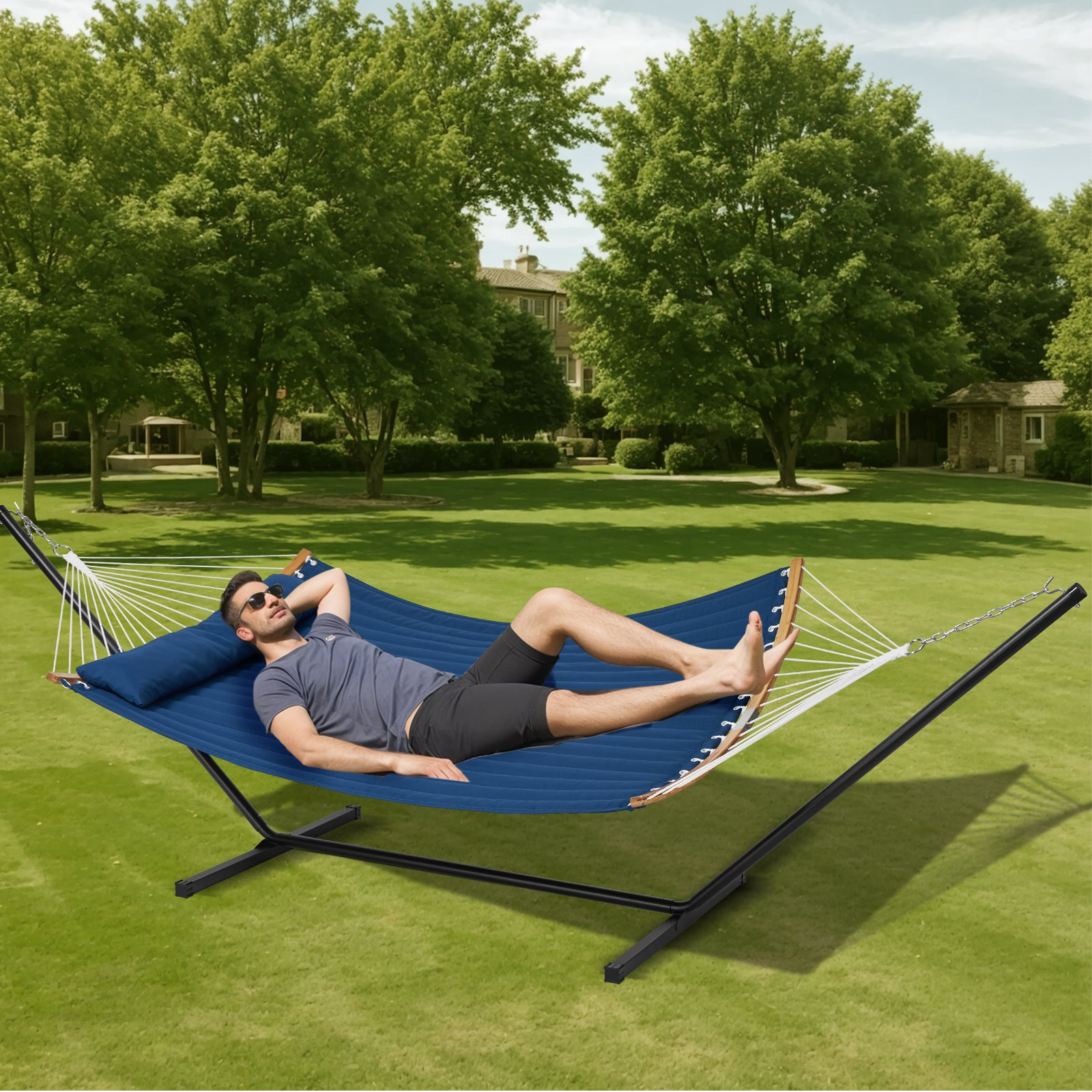 VEVOR Two Person Hammock with Stand Included, Double Hammock with Curved Spreader Bar and Detachable Pillow and Portable Carrying Bag, Perfect for Outdoor Freestanding Hammock, 480lb Capacity