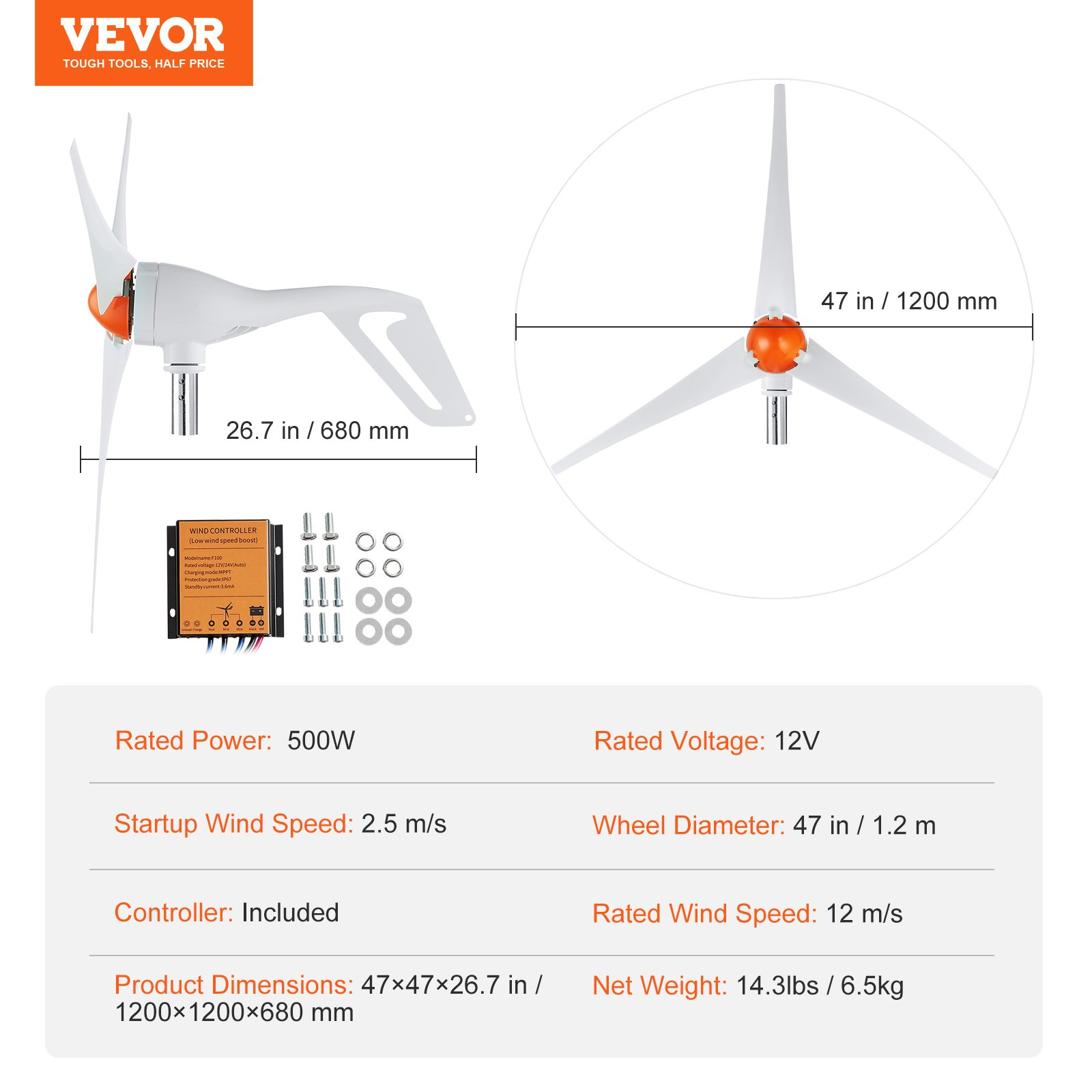 VEVOR 500W Wind Turbine Generator 12V 3-Blade Wind Turbine Kit & MPPT Controller