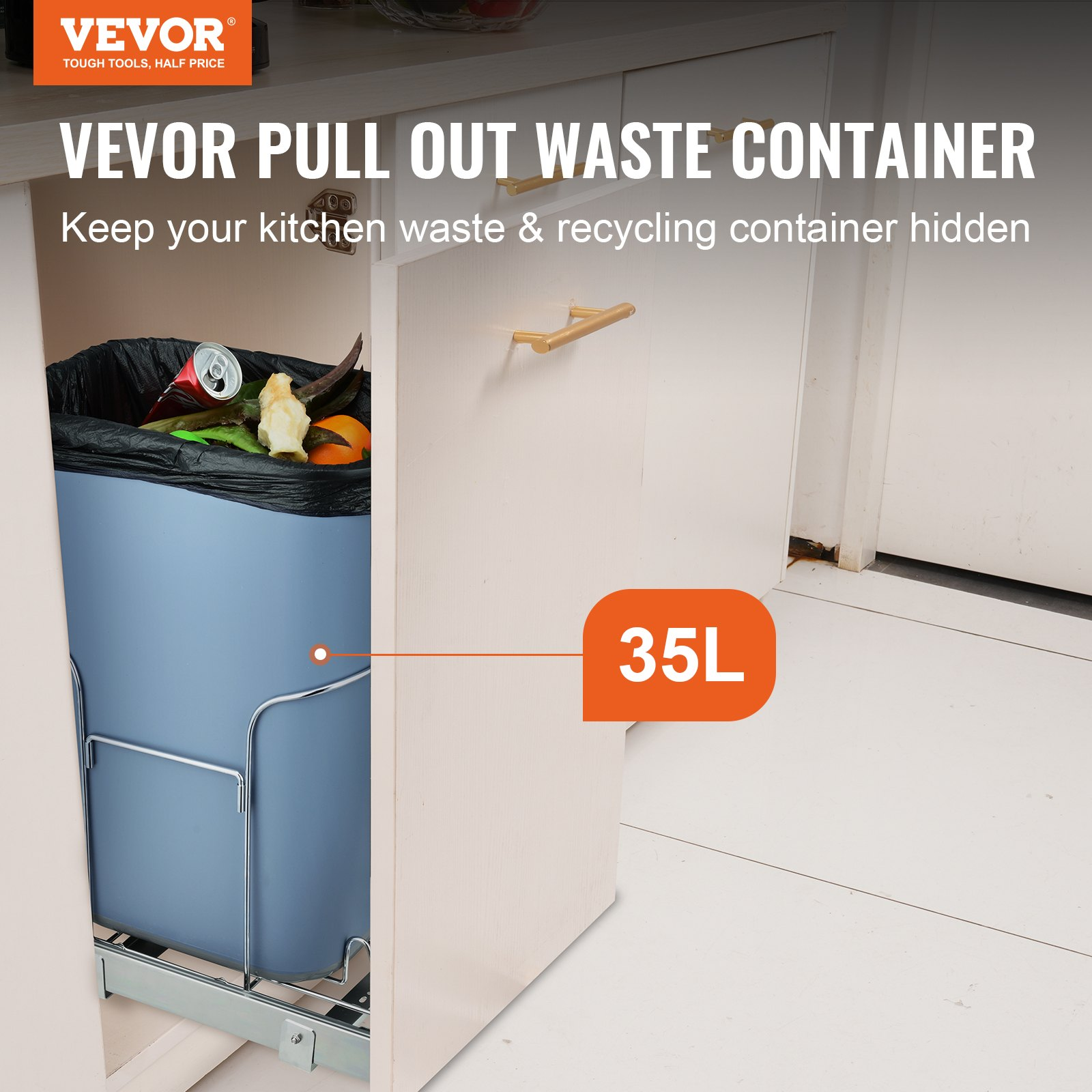 VEVOR Pull-Out Trash Can, 35L Single Bin, Under Mount Kitchen Waste Container with Slide, Handle and Door Mounting Kit, 110 lbs Load Capacity Heavy Duty Garbage Recycling Bin for Kitchen Cabinet, Sink