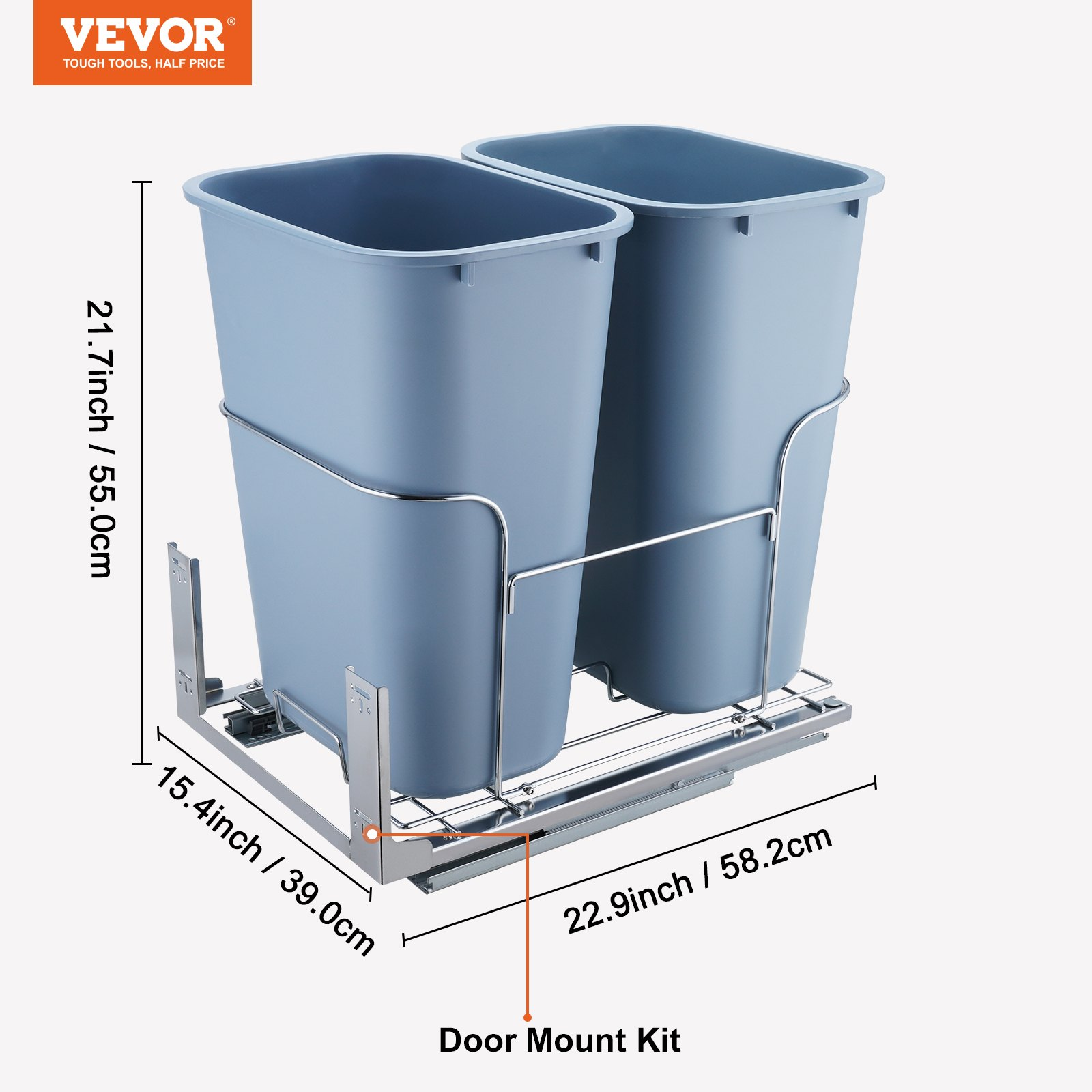 VEVOR Pull-Out Trash Can, 35Lx2 Double Bins, Under Mount Kitchen Waste Container with Slide and Door Mounting Kit, 110 lbs Load Capacity Heavy Duty Garbage Recycling Bin for Kitchen Cabinet, Sink