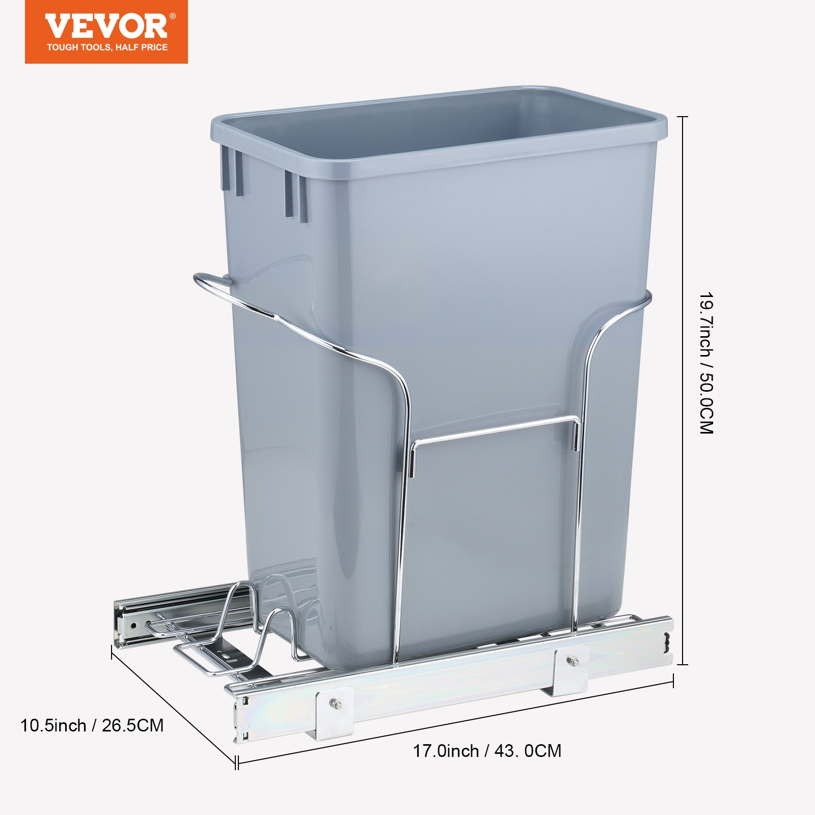 VEVOR Pull-Out Trash Can, 29L Single Bin, Under Mount Kitchen Waste Container with Slide and Handle, 110 lbs Load Capacity Heavy Duty Garbage Recycling Bin for Kitchen Cabinet, Sink, Under Counter