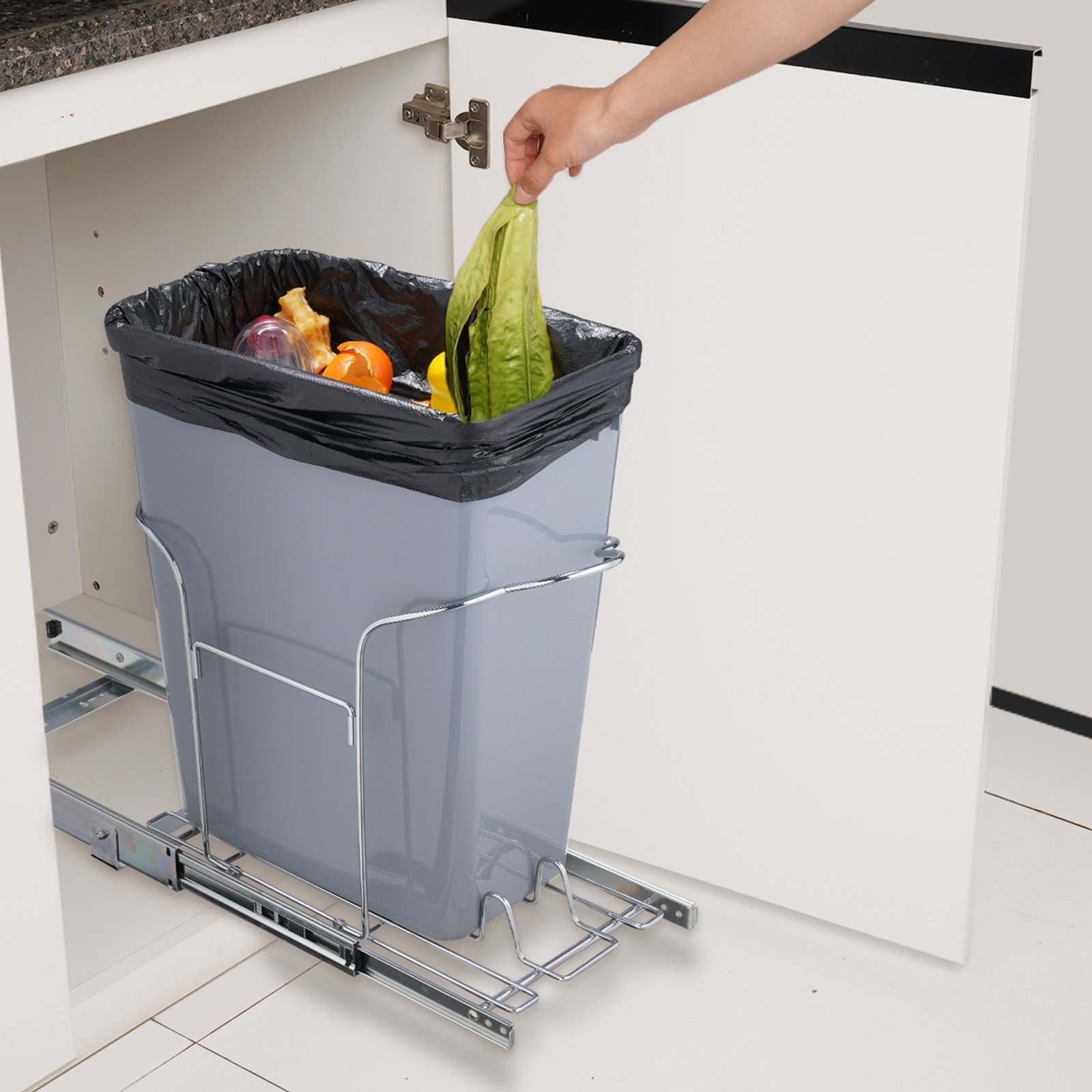 VEVOR Pull-Out Trash Can, 29L Single Bin, Under Mount Kitchen Waste Container with Slide and Handle, 110 lbs Load Capacity Heavy Duty Garbage Recycling Bin for Kitchen Cabinet, Sink, Under Counter