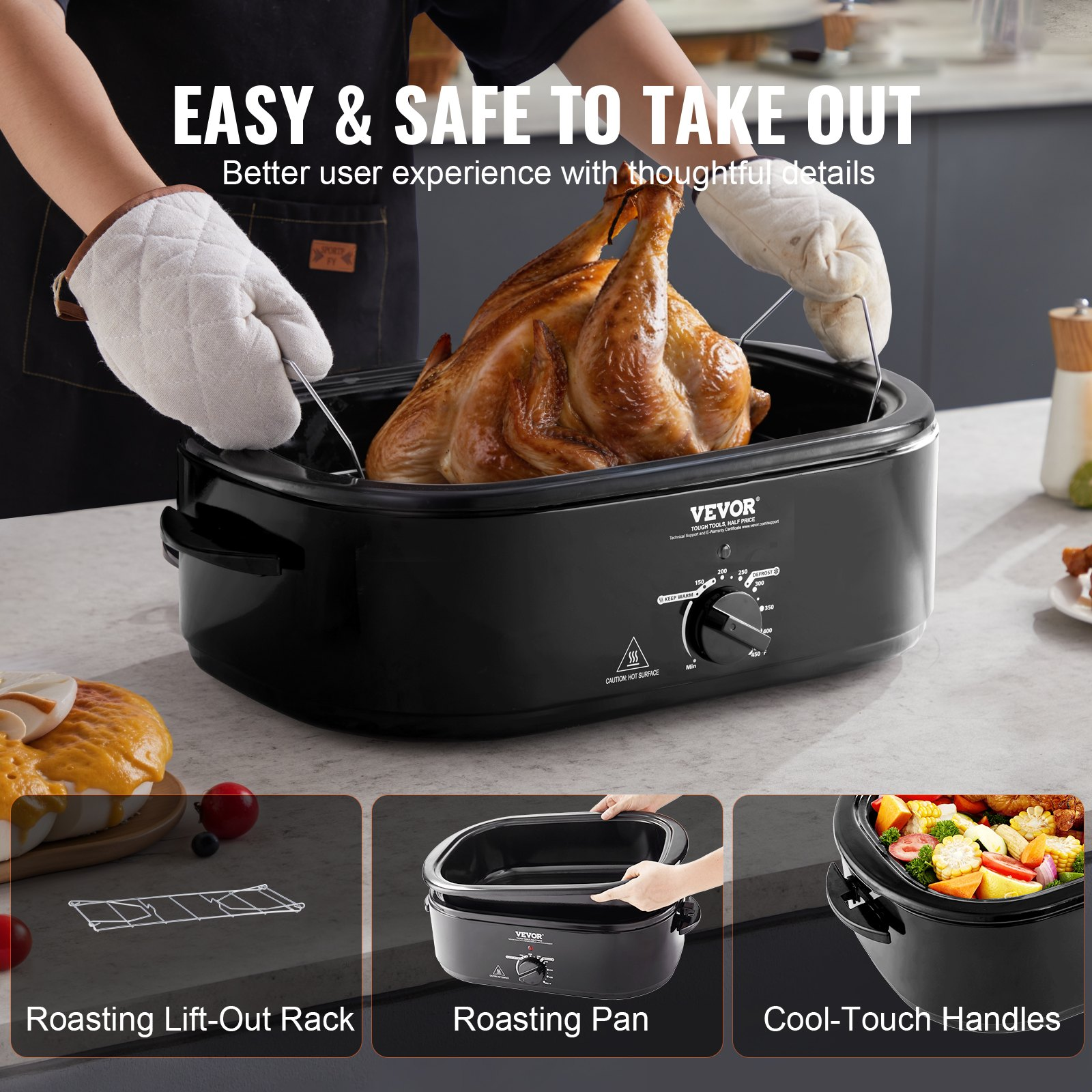 VEVOR Electric Roaster Oven, 24 QT Turkey Roaster Oven with Self-Basting Lid, 1450W Roaster Oven with Defrost & Warm Function, Adjustable Temp, Removable Pan & Rack, Fits Turkeys Up to 28LBS, Black