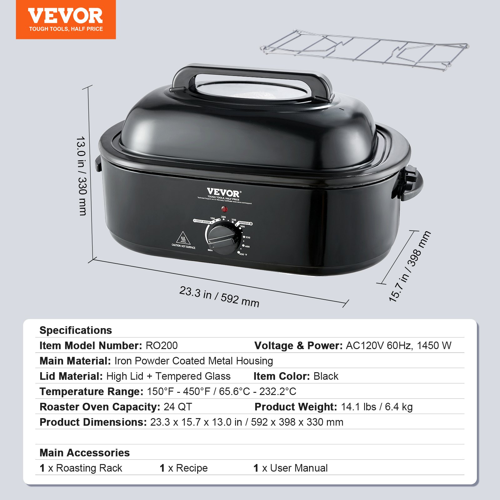 VEVOR Electric Roaster Oven, 24 QT Turkey Roaster Oven with Self-Basting Lid, 1450W Roaster Oven with Defrost & Warm Function, Adjustable Temp, Removable Pan & Rack, Fits Turkeys Up to 28LBS, Black