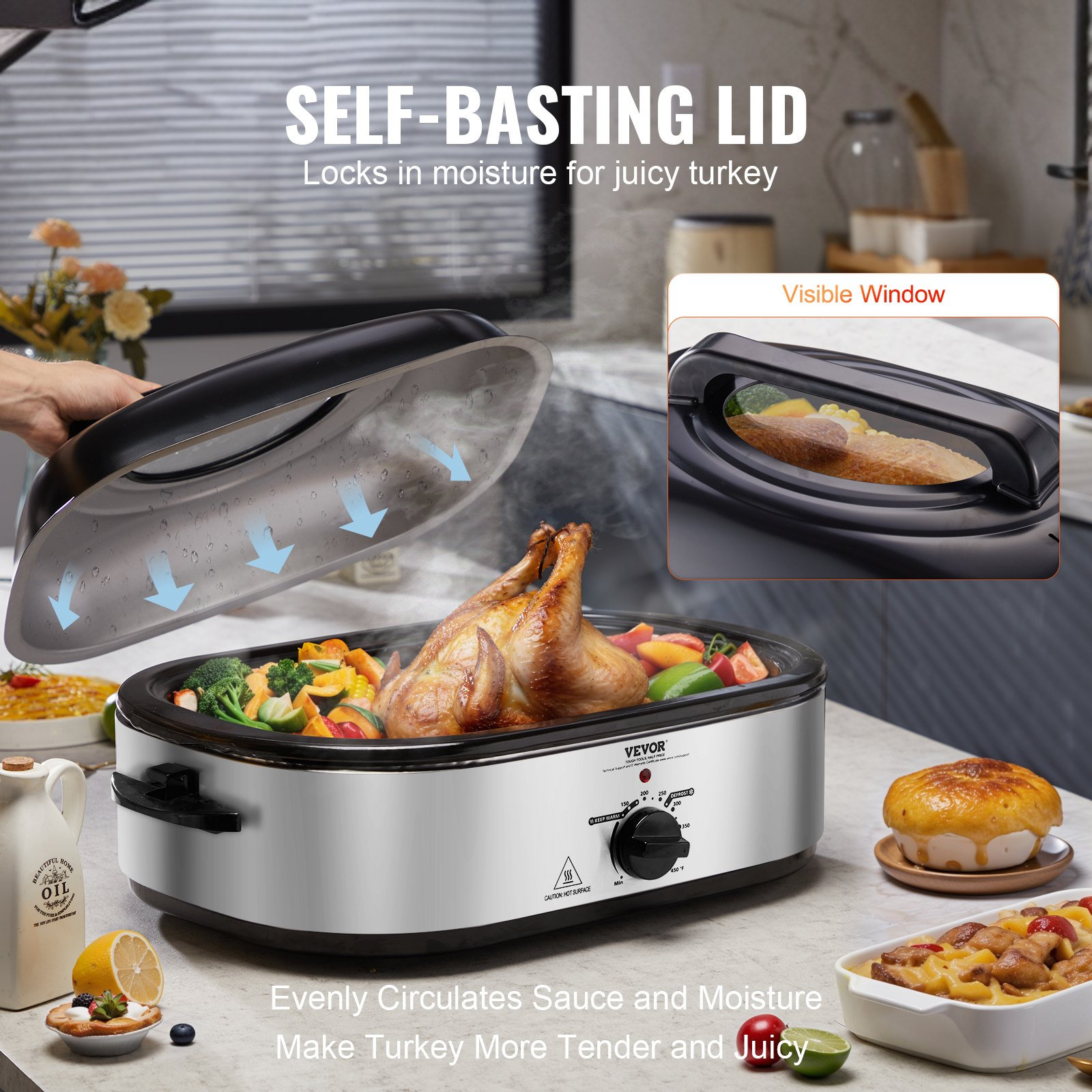 VEVOR Electric Roaster Oven, 22 QT Turkey Roaster Oven with Self-Basting Lid, 1450W Roaster Oven with Defrost & Warm Function, Adjustable Temp, Removable Pan & Rack, Fits Turkeys Up to 26LBS, Silver