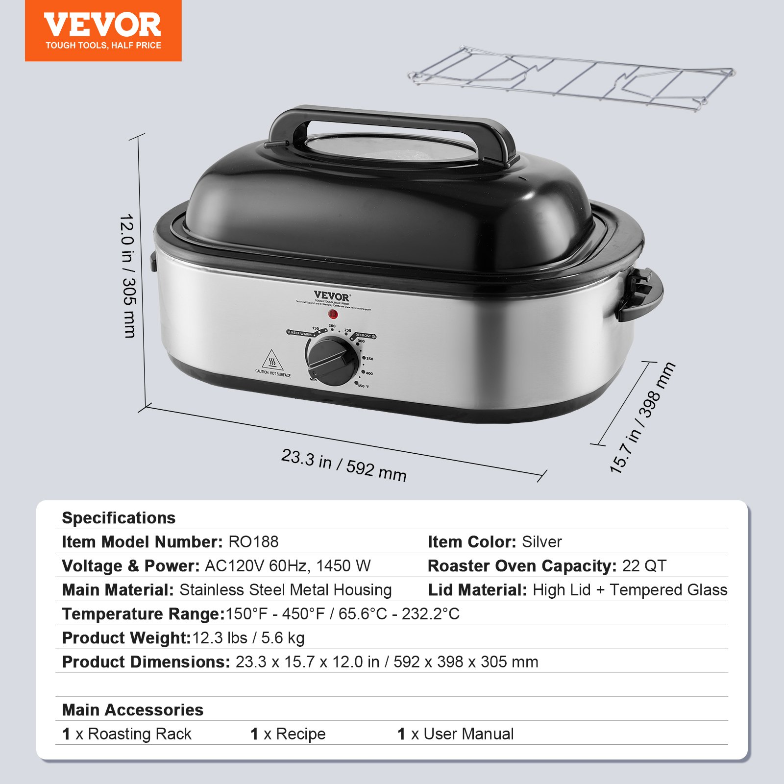 VEVOR Electric Roaster Oven, 22 QT Turkey Roaster Oven with Self-Basting Lid, 1450W Roaster Oven with Defrost & Warm Function, Adjustable Temp, Removable Pan & Rack, Fits Turkeys Up to 26LBS, Silver