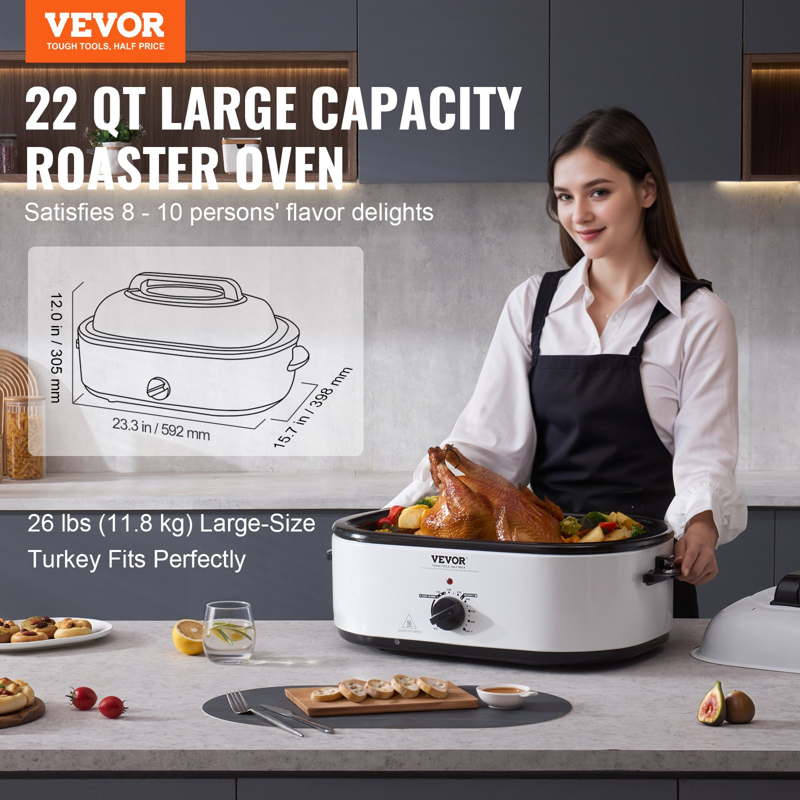 VEVOR Electric Roaster Oven, 22 QT Turkey Roaster Oven with Self-Basting Lid, 1450W Roaster Oven with Defrost & Warm Function, Adjustable Temp, Removable Pan & Rack, Fits Turkeys Up to 26LBS, White