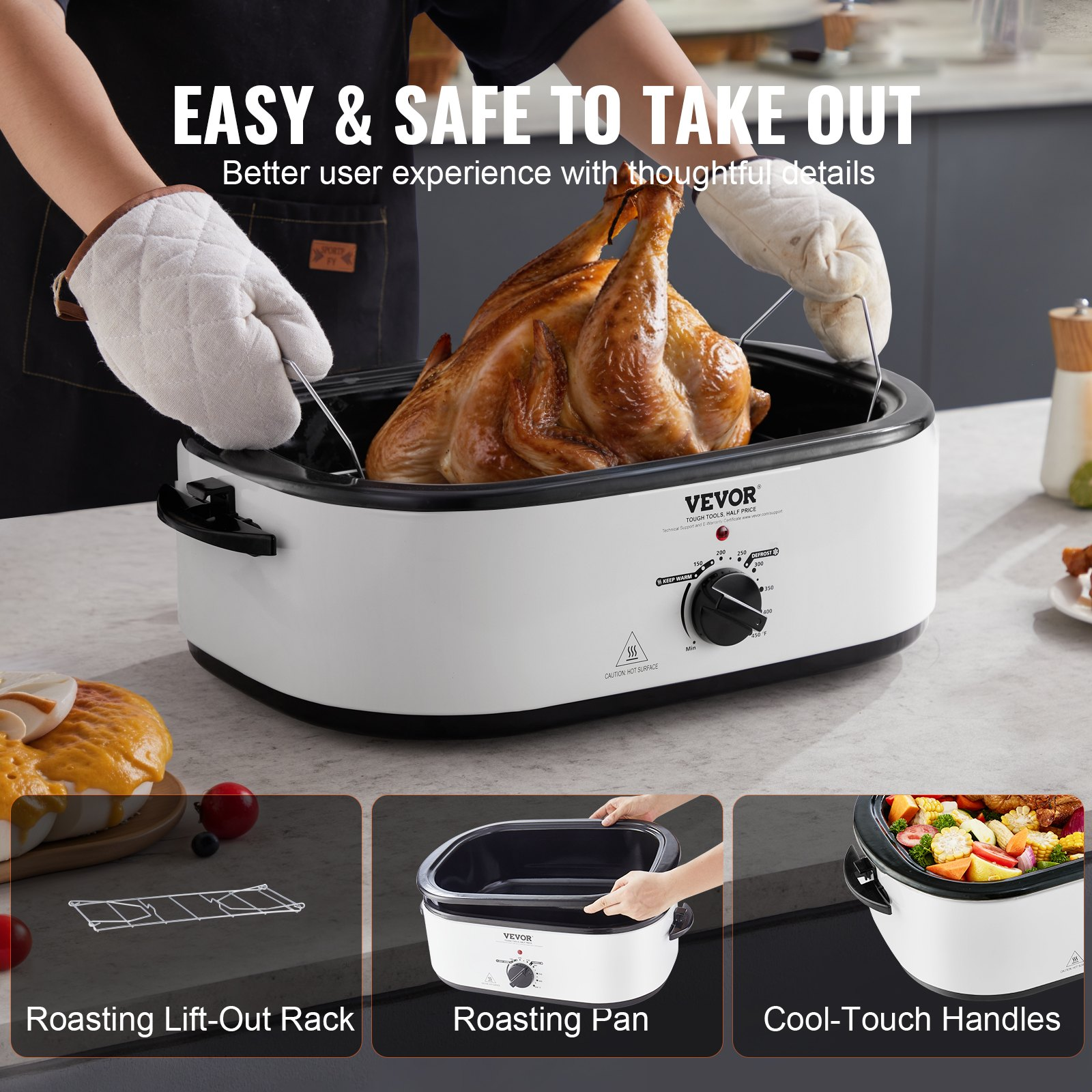 VEVOR Electric Roaster Oven, 22 QT Turkey Roaster Oven with Self-Basting Lid, 1450W Roaster Oven with Defrost & Warm Function, Adjustable Temp, Removable Pan & Rack, Fits Turkeys Up to 26LBS, White