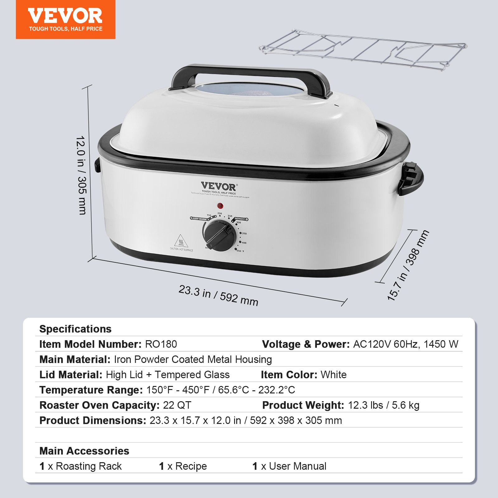 VEVOR Electric Roaster Oven, 22 QT Turkey Roaster Oven with Self-Basting Lid, 1450W Roaster Oven with Defrost & Warm Function, Adjustable Temp, Removable Pan & Rack, Fits Turkeys Up to 26LBS, White