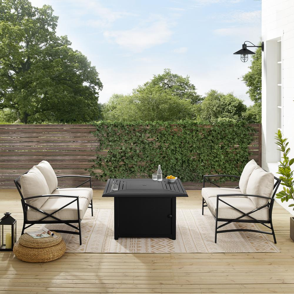 Kaplan 3Pc Outdoor Metal Conversation Set W/Fire Table Oatmeal/Oil Rubbed Bronze - Dante Fire Table & 2 Loveseats