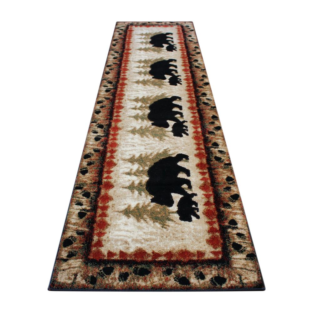 3' x 10' Rustic Lodge Wandering Black Bear and Cub Area Rug with Jute Backing