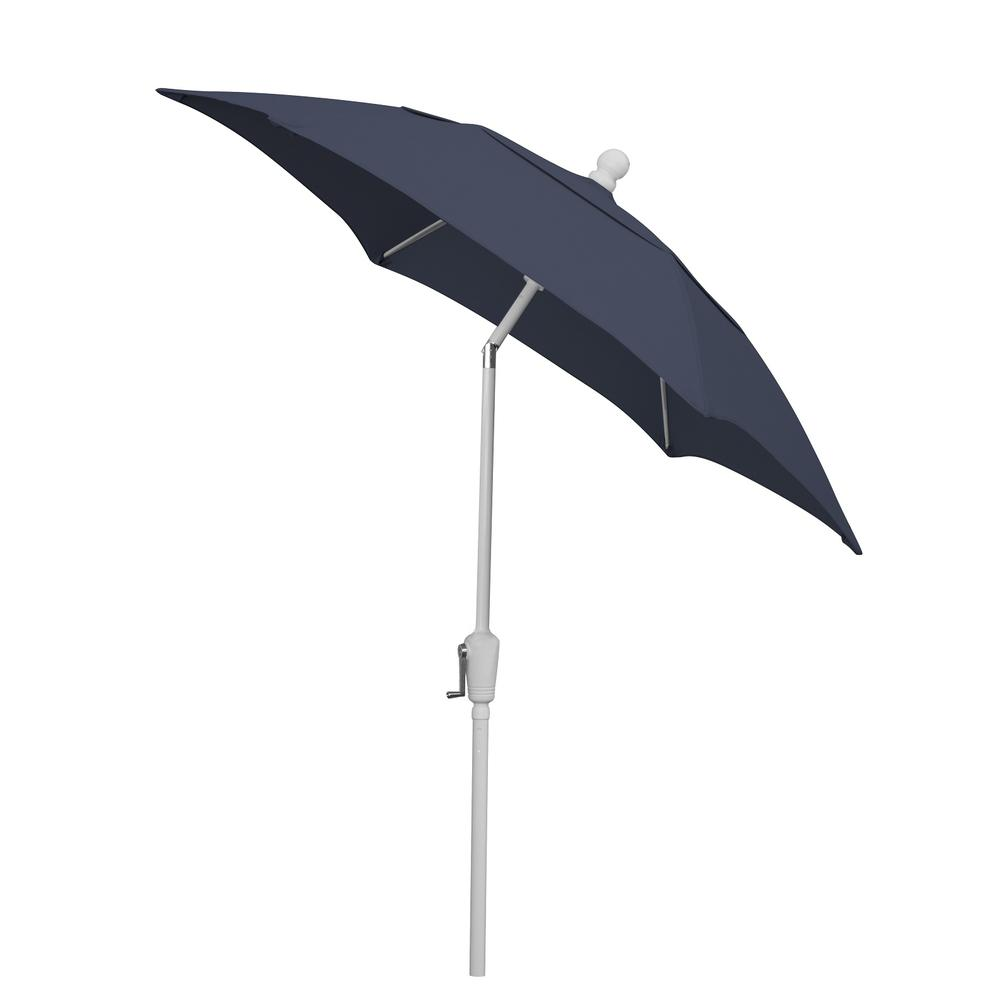 7.5' Hex Home Patio Tilt Umbrella 6 Rib Crank White with Navy Blue spun acrylic canopy