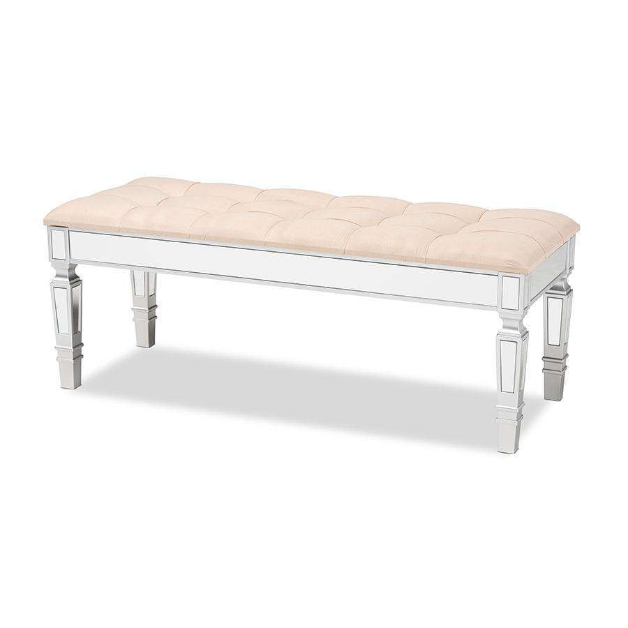 Glam and Luxe Beige Fabric Upholstered and Silver Finished Wood Accent Bench