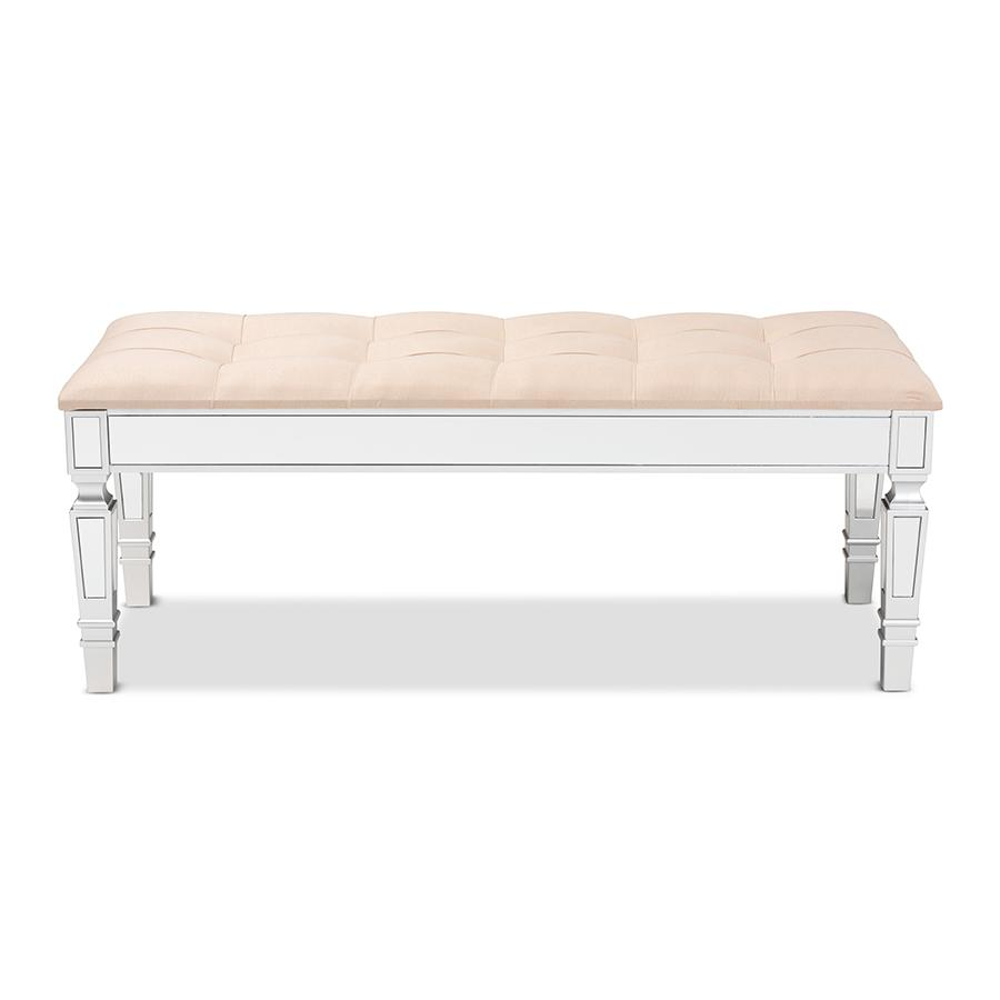 Glam and Luxe Beige Fabric Upholstered and Silver Finished Wood Accent Bench