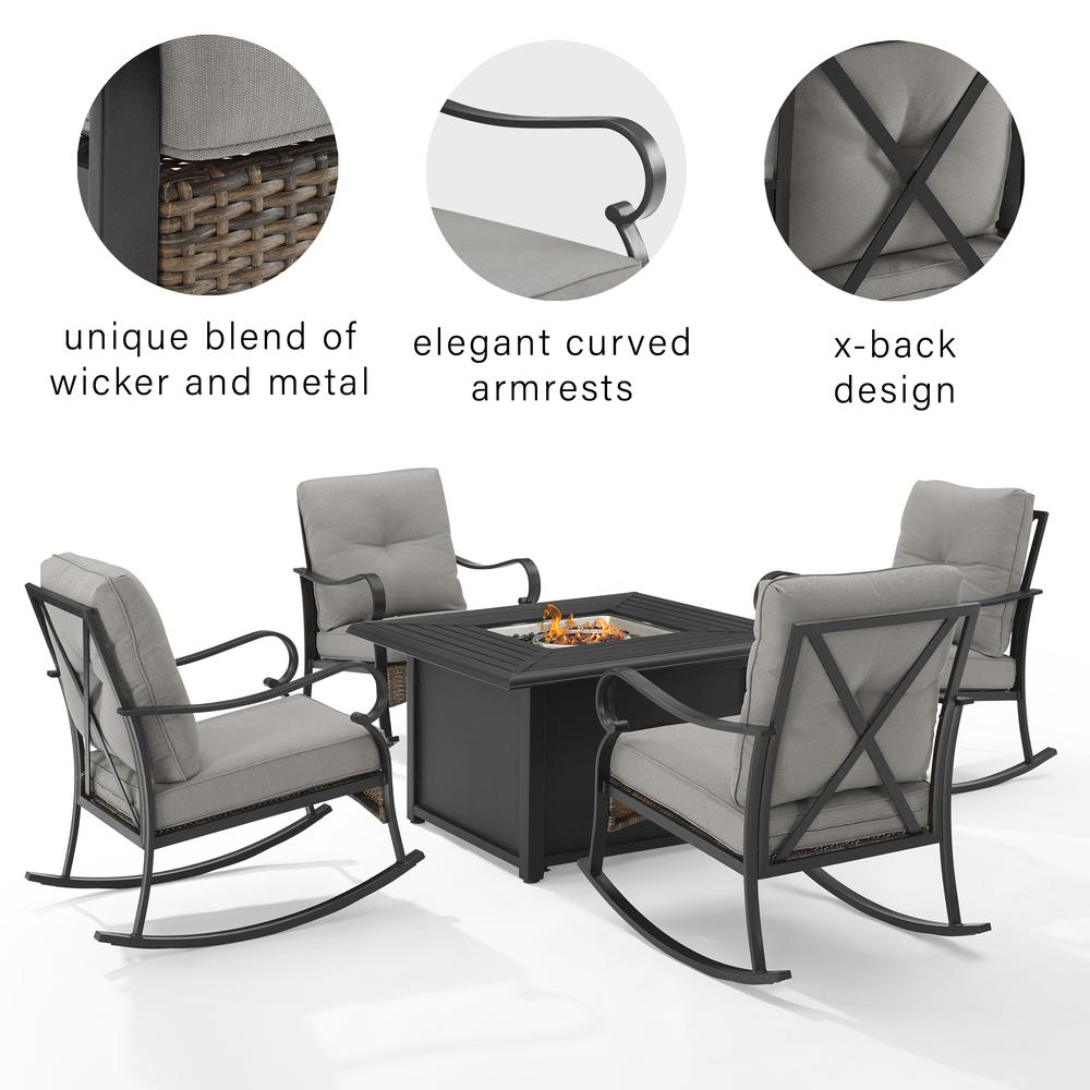 Dahlia 5Pc Outdoor Metal Conversation Set W/ Fire Table Taupe/Matte Black - Dante Fire Table & 4 Rocking Chairs