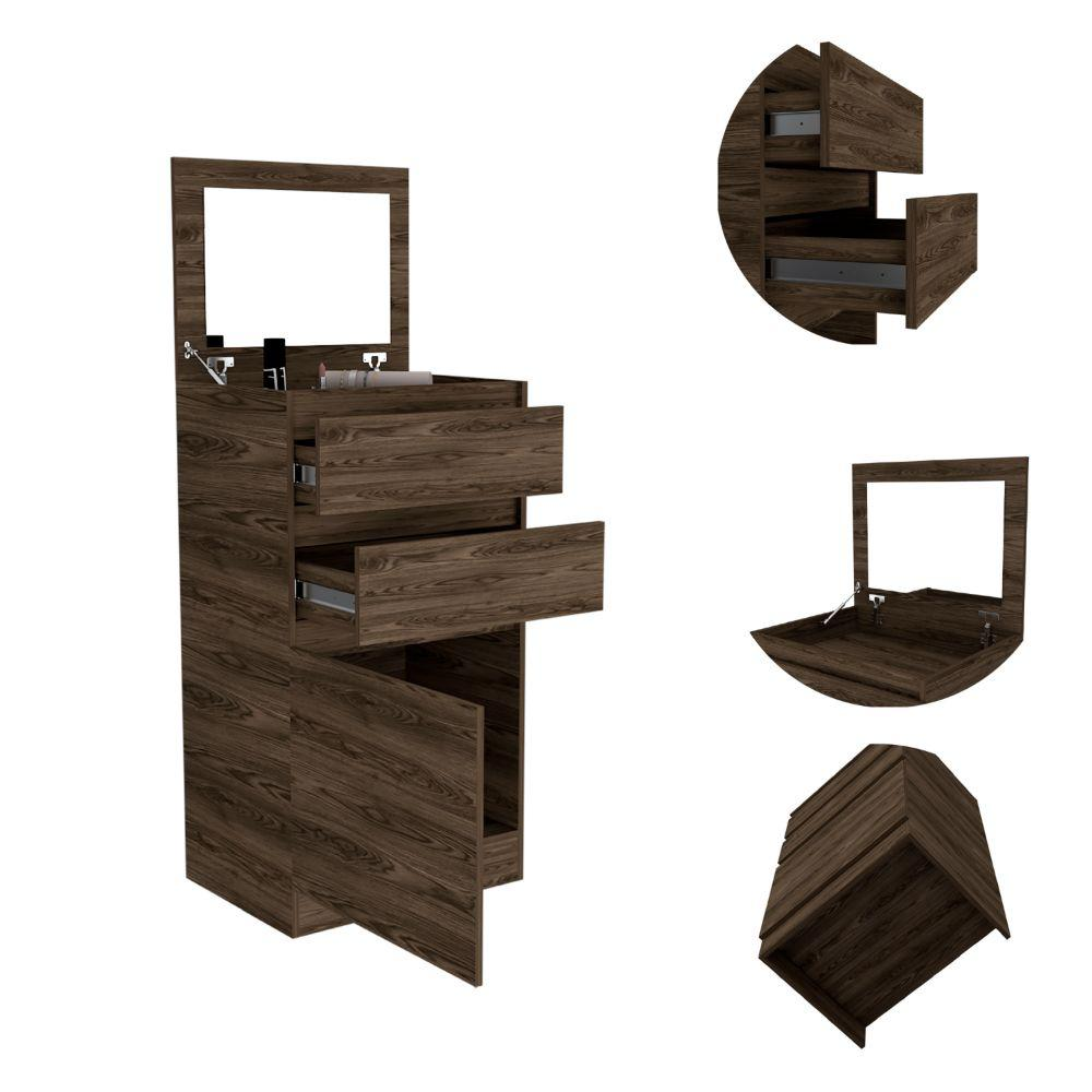 DEPOT E-SHOP Diamond Dresser, Jewelry Box, Mirror, One-Door Cabinet, Two Drawers-Dark Walnut, For Bedroom