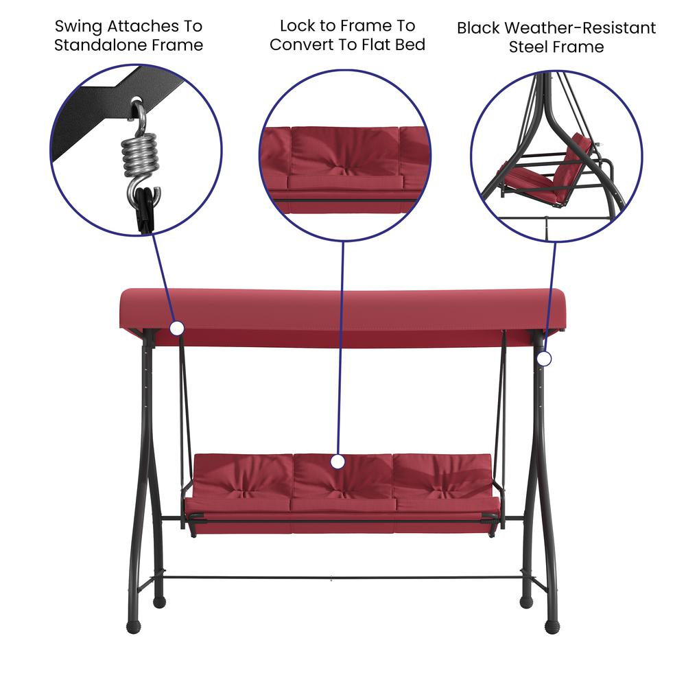 3-Seat Steel Converting Patio Swing Canopy Hammock with Cushions (Maroon)