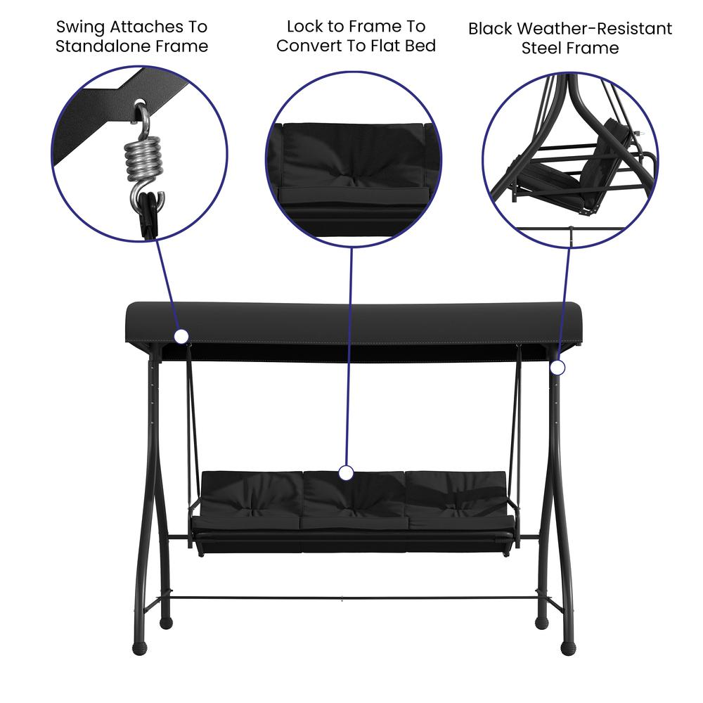 3-Seat Steel Converting Patio Swing Canopy Hammock with Cushions (Black)