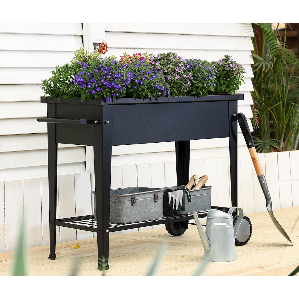 Black Mobile Metal Raised Garden Bed Planter Cart with Legs