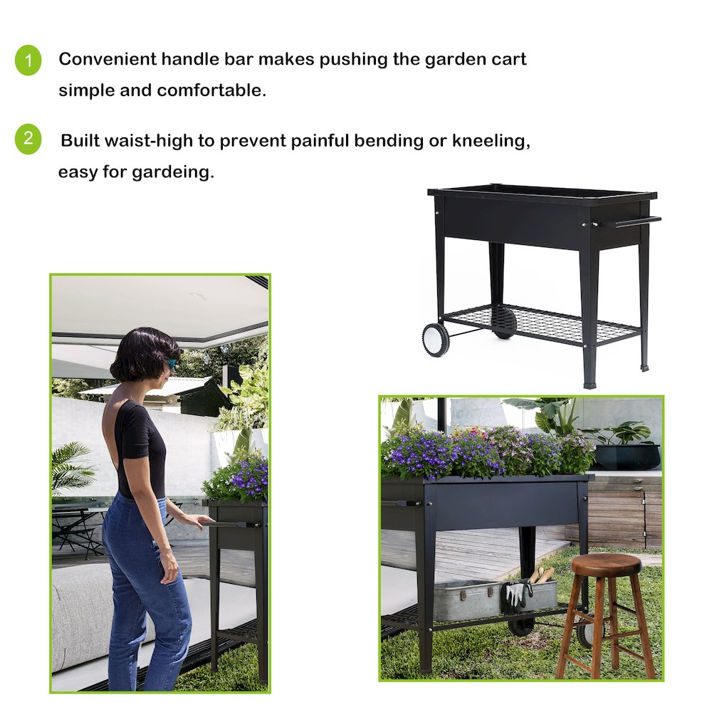 Black Mobile Metal Raised Garden Bed Planter Cart with Legs