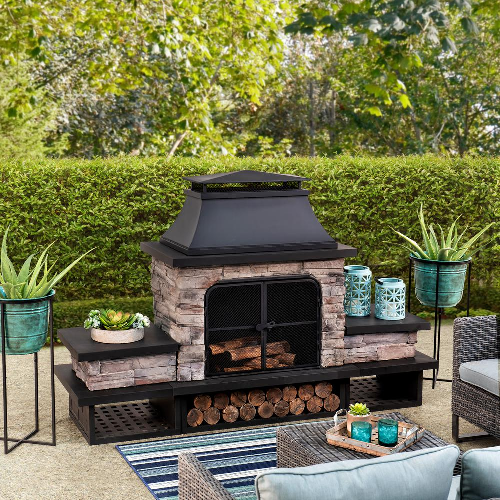 Sunjoy Outdoor Patio Wood Burning Fireplace with Steel Chimney