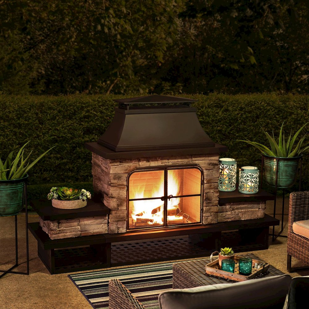 Sunjoy Outdoor Patio Wood Burning Fireplace with Steel Chimney