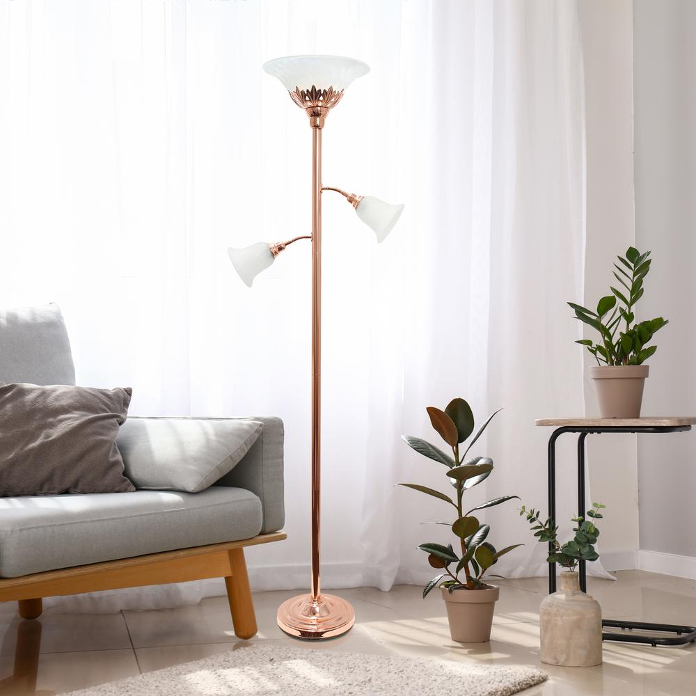 Torchiere Floor Lamp with 2 Reading Lights and Scalloped Glass Shades